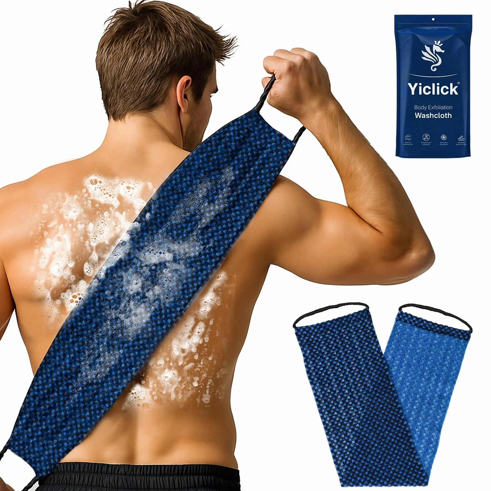 Yiclick Toalla exfoliante de doble tamaño, exfoliante corporal, paño de esponja de lufa, trapo de esponja coreana y japonesa, lavadora de espalda para uso en la ducha y baño (azul)