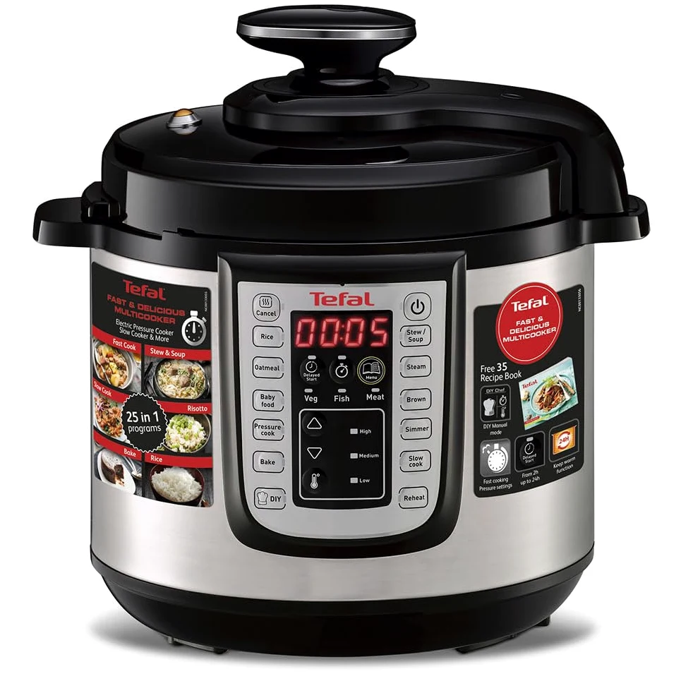Tefal fast & delicious multicooker - olla a presión eléctrica 1200 w, 25 programas automáticos, modo manual, incluye recetario, cestillo de cocción al vapor, 6 litros de capacidad
