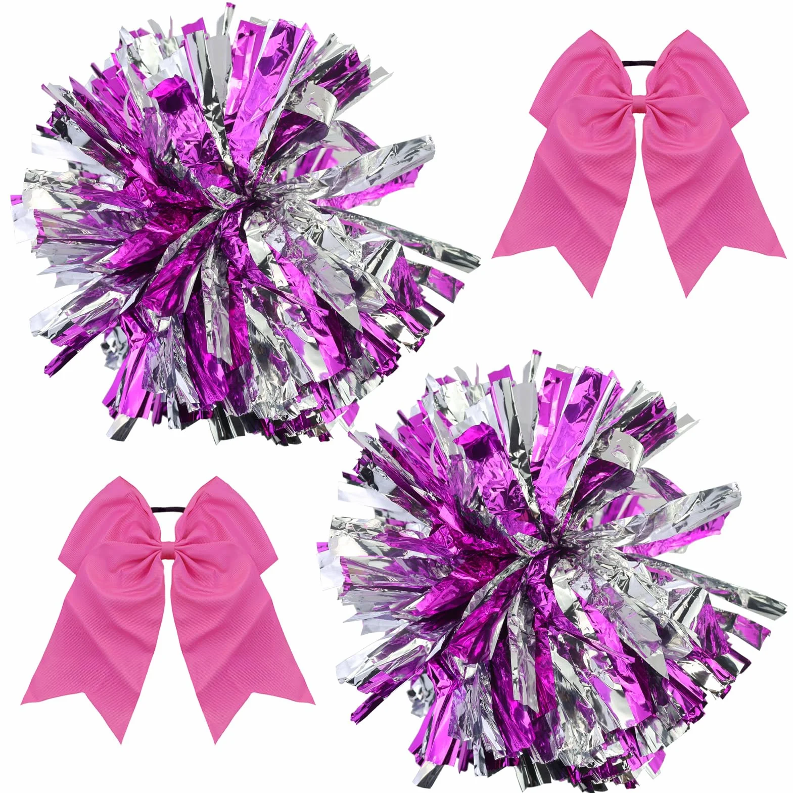 Pompones Animadoras de Plástico con Banda Elástica, Rosa, Lámina Metálica Ultra Brillante con Anillos Dedo