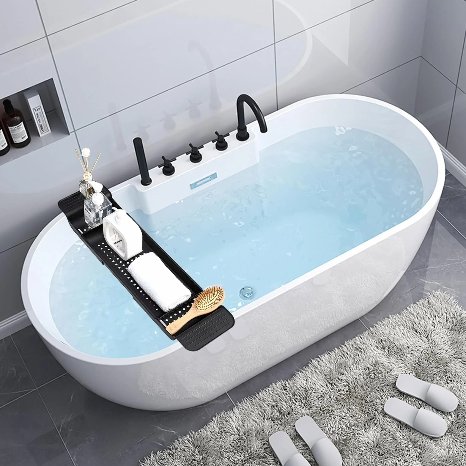 Amexo Bandeja para Bañera con Diseño de Desagüe, de Plástico Expandible, Bandeja para Copas de Vino, Tabletas, Aromaterapia, Peines, Velas, Productos de Baño (Negro)