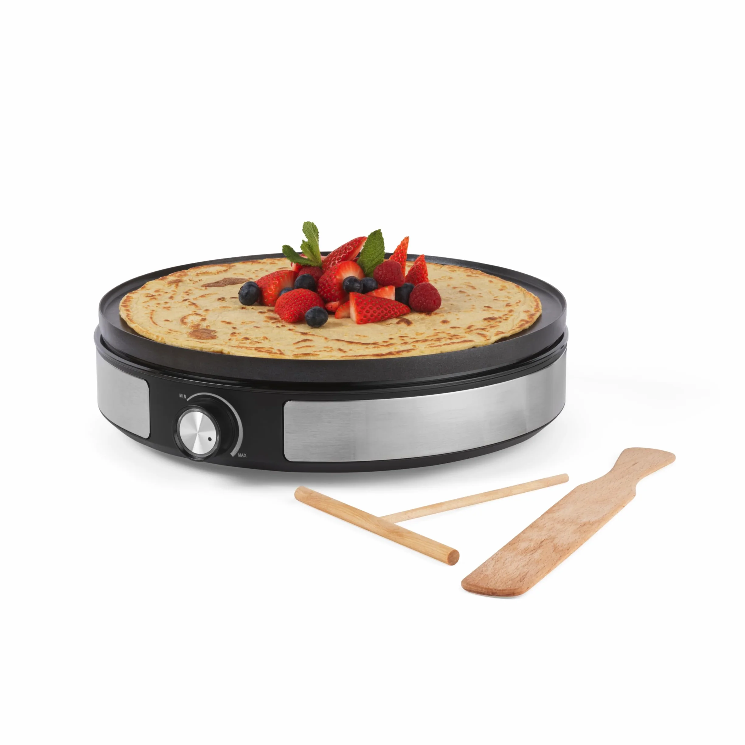 Petra 2 en 1 Crepera – Máquina para Panqueques, Haga 1 Crepe Grande o 7 Mini Panqueques, Plato de 33 cm, Antiadherente, Herramienta para Crepes de Madera y Espátula Incluida, 1500W, PT6225VDE