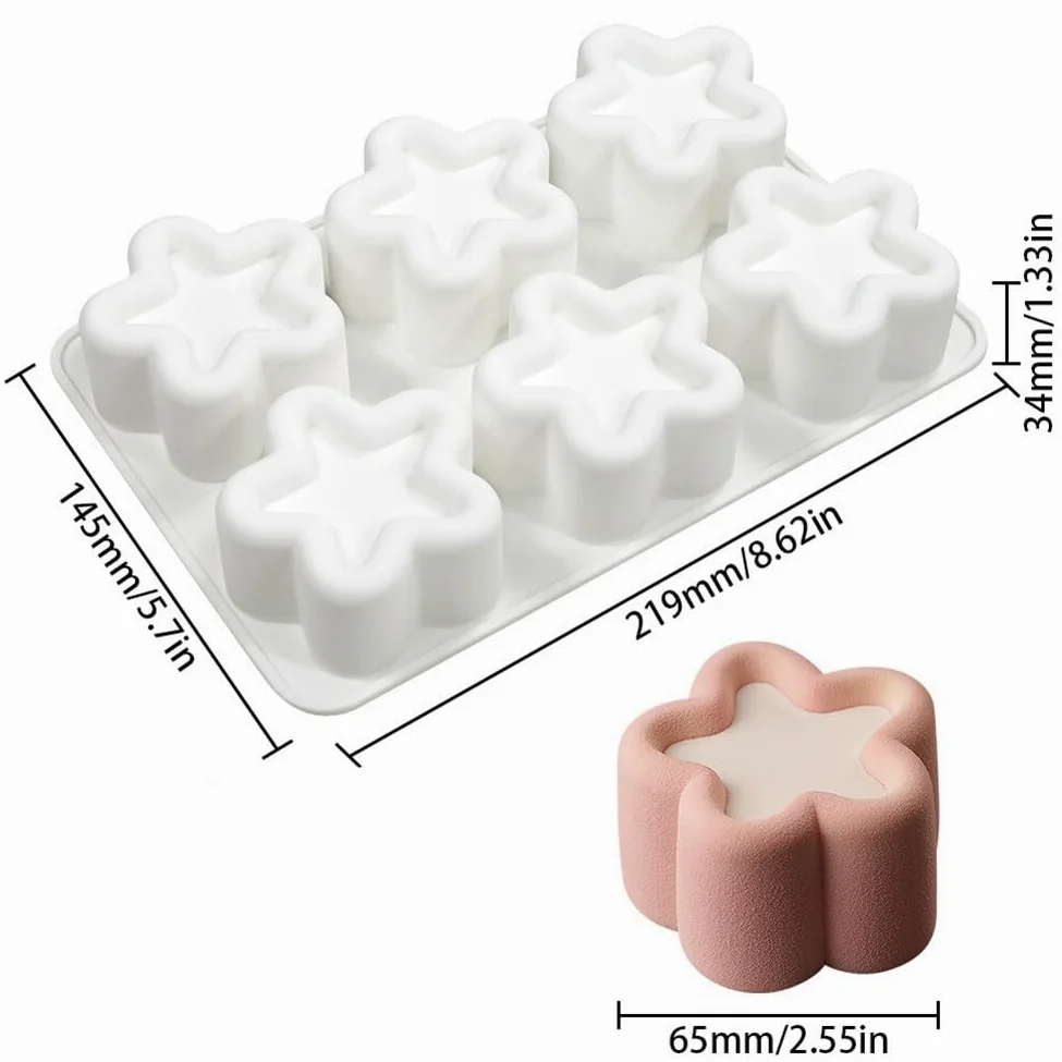 Moldes de silicona de 6 cavidades con forma de flor, corazón, estrellas, cuadrados, para decoración de cubitos de hielo para tartas caseras, chocolate, magdalenas, moldes para manualidades (4
