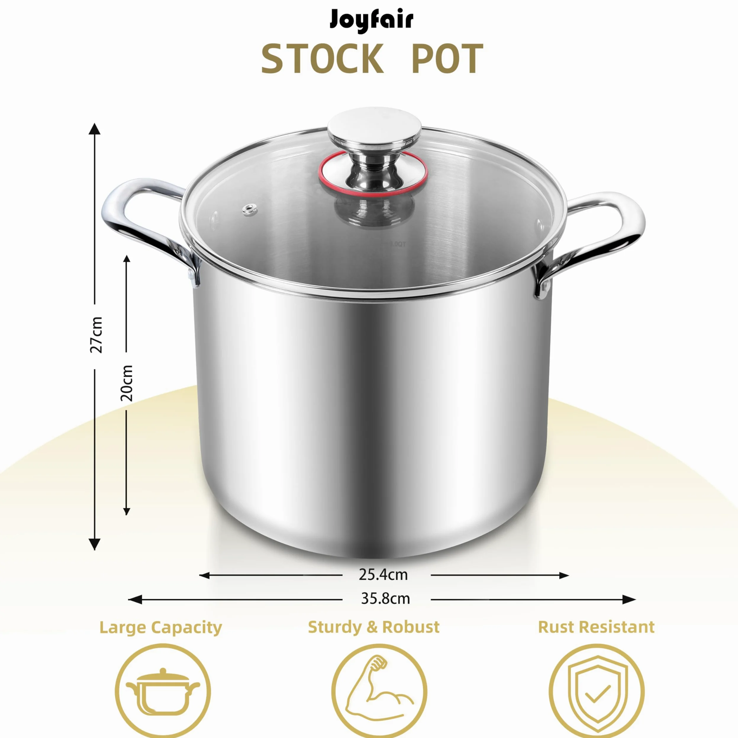 Joyfair Olla grande de acero inoxidable de tres capas de 10 L con tapa de vidrio, inducción, gas, cerámica, eléctrica, halógena, para cocinar a fuego lento, asas remachadas y fácil de limpiar