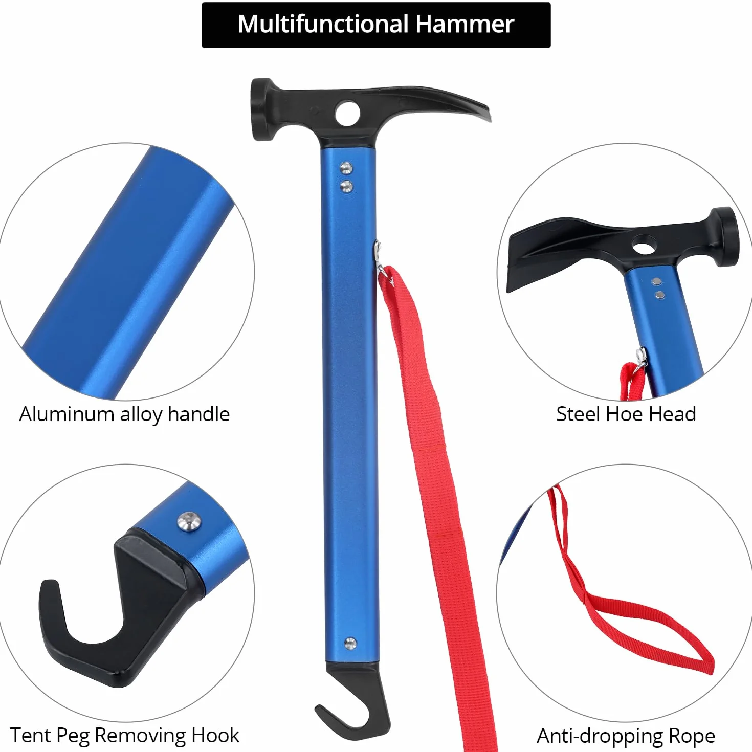 QWORK Martillo Camping 30.5 cm Aluminio Multifuncional Azul 430 gramos