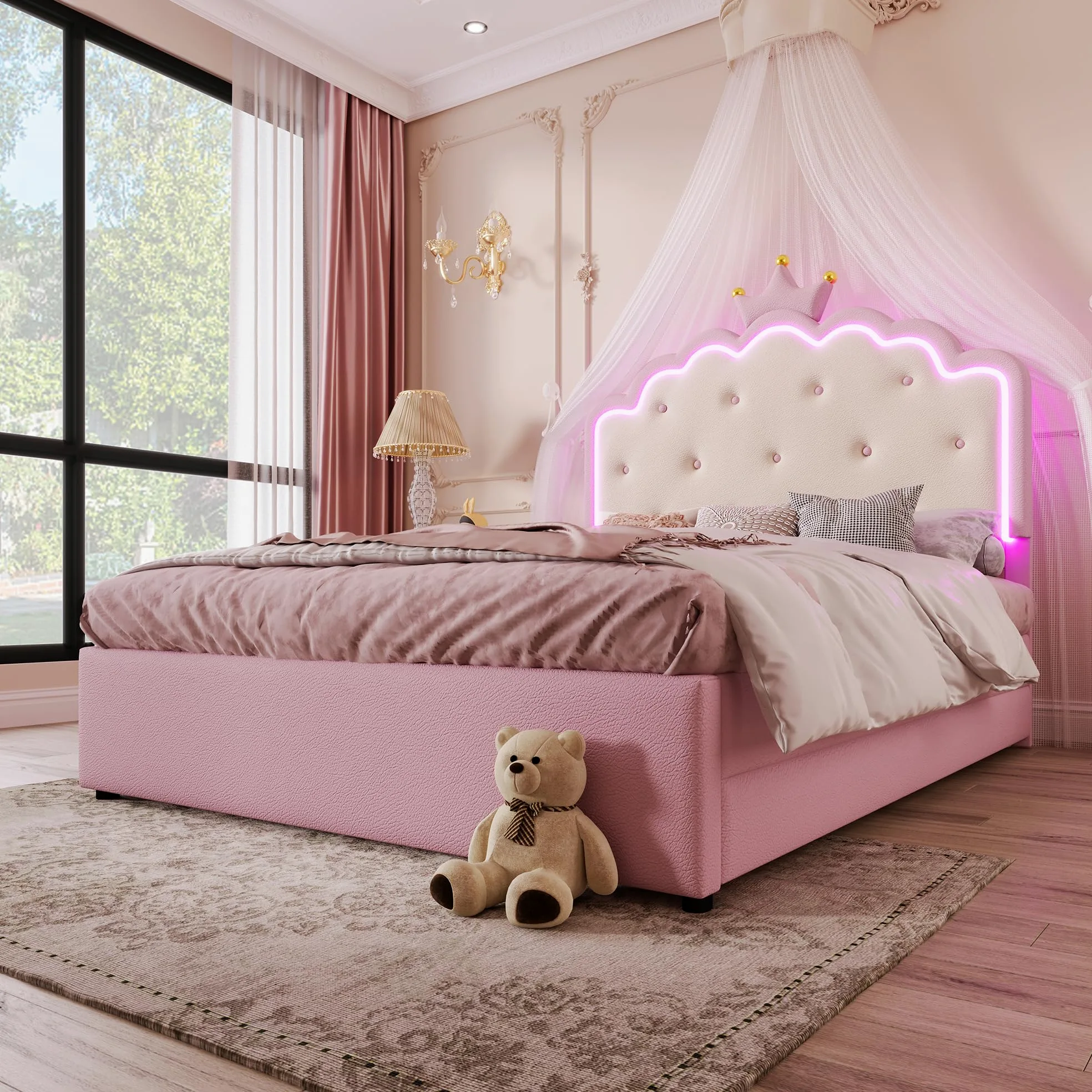 Soweiz Cama tapizada, 140 x 200 cm, cama nido con 2 cajones, con somier (sin colchón), iluminación ambiental con mando a distancia, diseño de princesa heredera, material PU, color rosa
