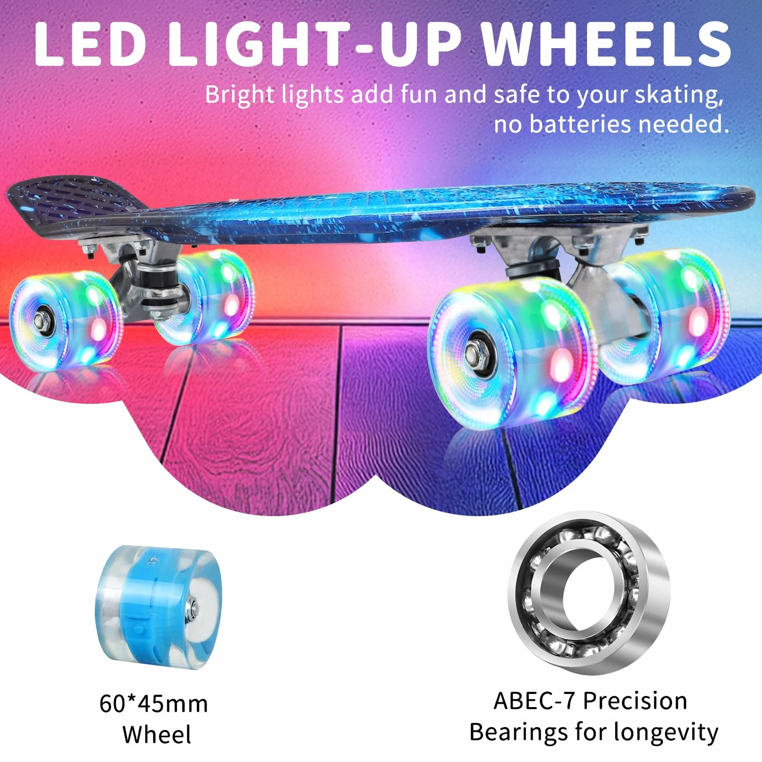 BELEEV Skateboard Complete 22 x 6 Inch Mini para Niños Principiantes Ruedas LED PU con Herramienta en T Monopatín 55cm