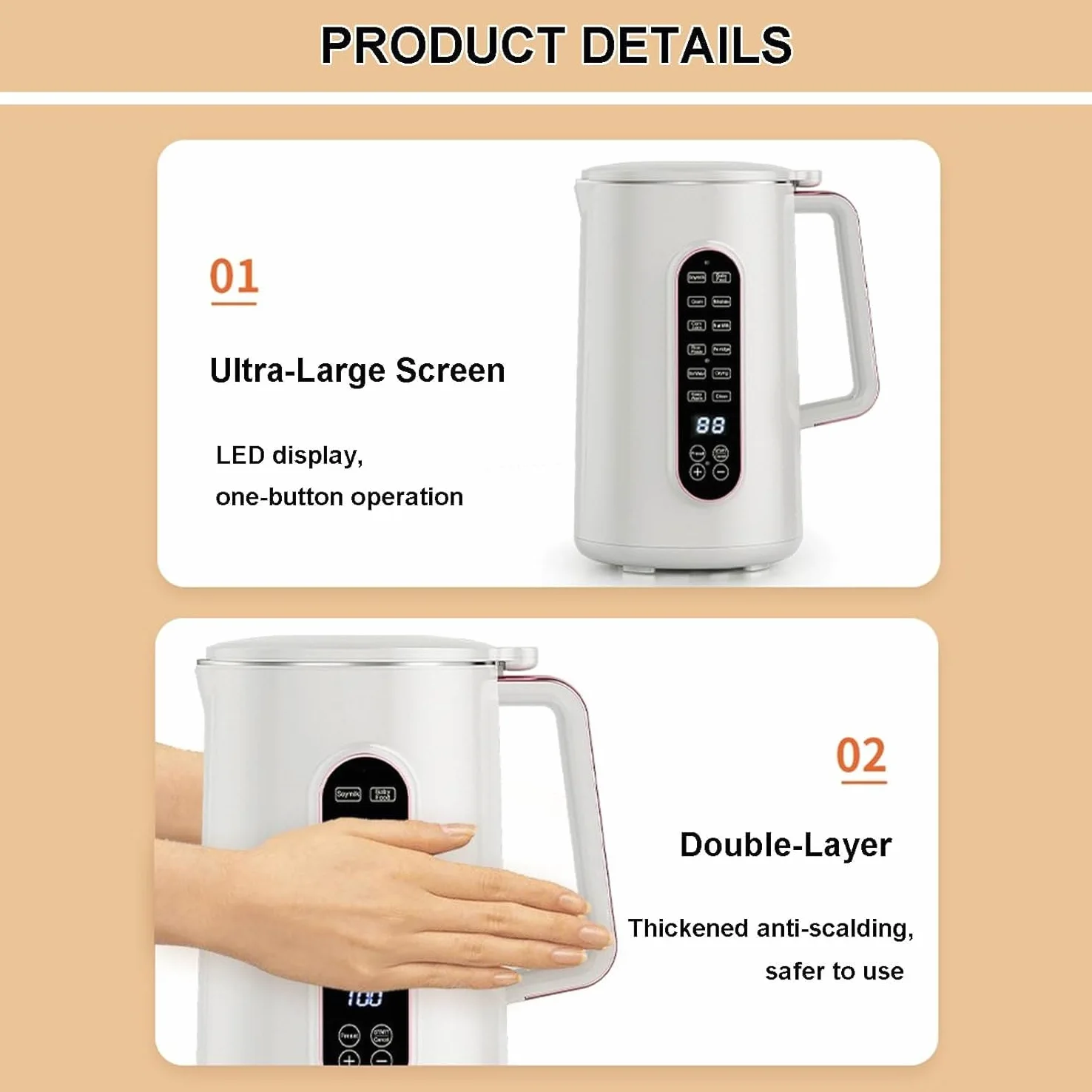 Espumador de leche, máquina de leche de soja de limpieza automática de 800 W, máquina de leche de frutos secos de 1,5 L, pantalla ultragrande, con pantalla LED, temporizador de 12 horas, lic