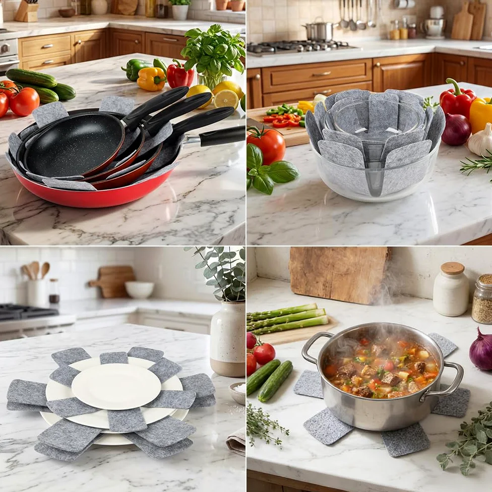 BOYAN Protectores para ollas y sartenes, juego de 12 y 3 tamaños diferentes, almohadillas divisoras de utensilios de cocina, protectores de sartenes apilables, almohadillas separadoras de ollas para