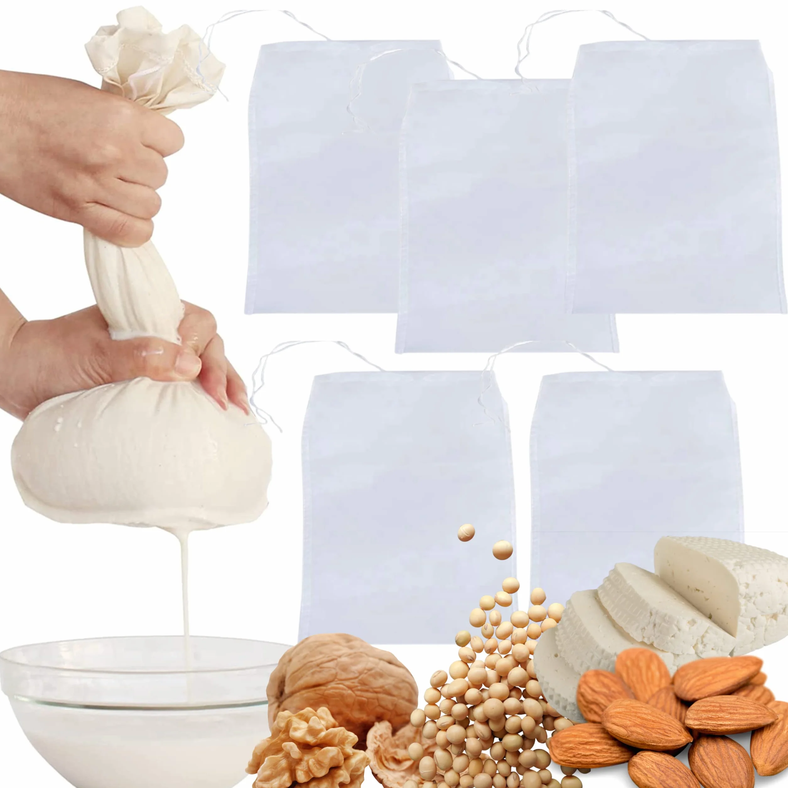 Maname® 5 Bolsas De Tela Reutilizables Filtrar Leche Vegetal. Bolsa para Escurrir Verduras. Colador De Tela Estameña Para Cocina. 3 Grandes + 2 XL Nut Milk Bag. Estopilla. Cheesecloth - Colador Kefir