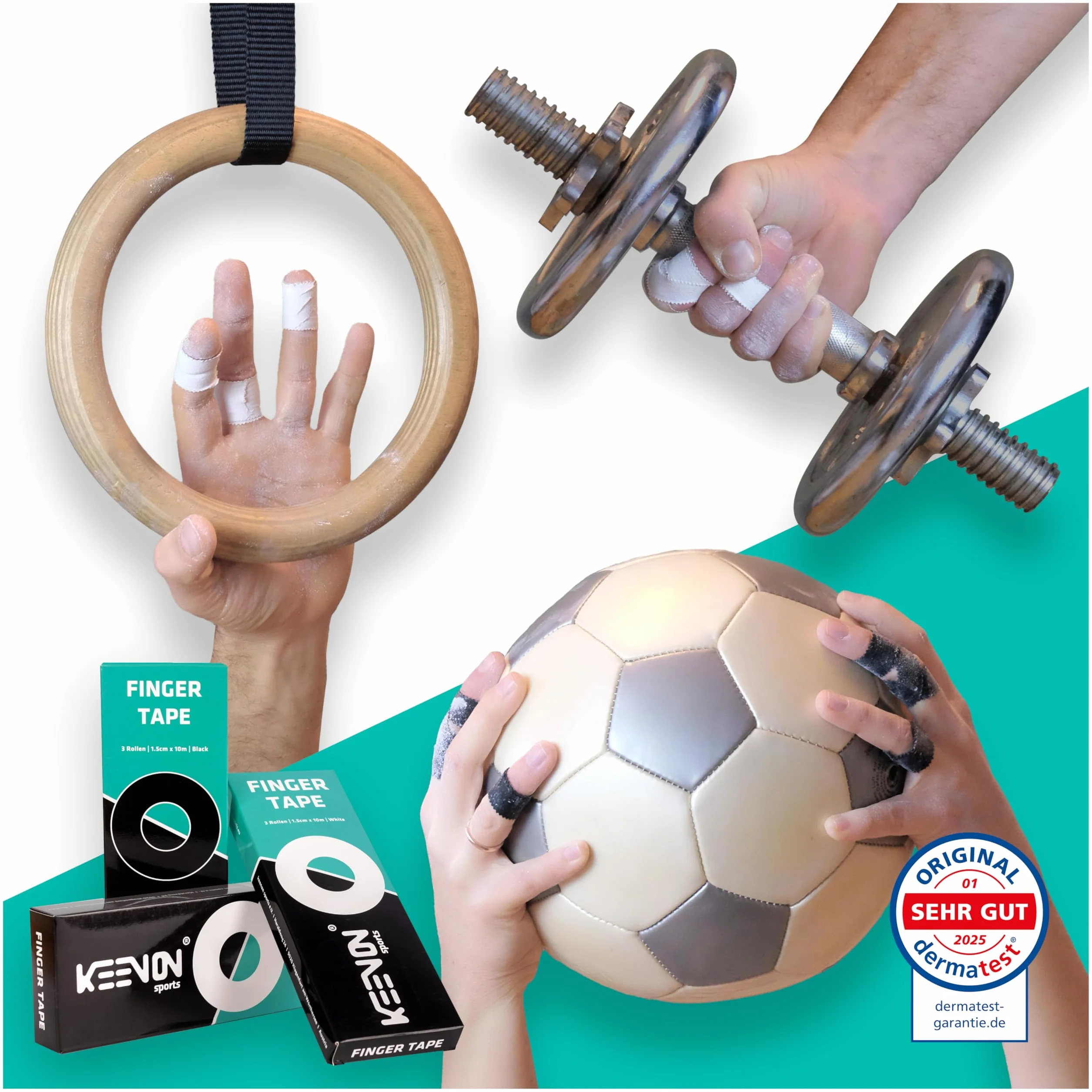 keenon sports® Boulder Tape - Cinta de escalada para deportes de fuerza, voleibol, baloncesto, balonmano, 3 rollos de 10 m, 1,5 cm de ancho, color blanco
