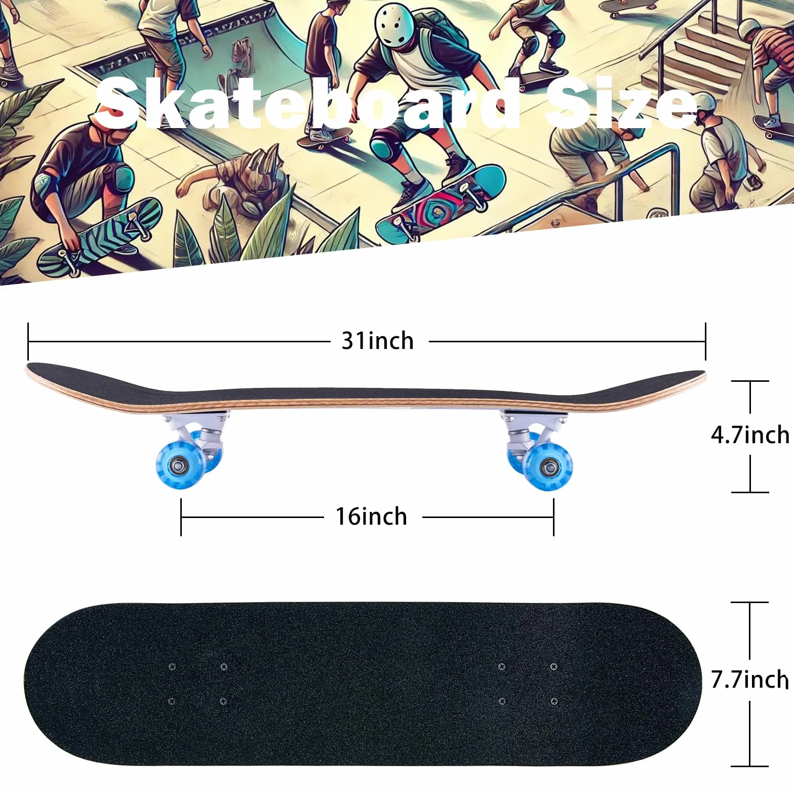 Monopatín Cruiser Skateboard 31 x 8 pulgadas Doble Kick Deck Cóncavo ABEC-11 Rodamientos 8 Capas Madera de Arce