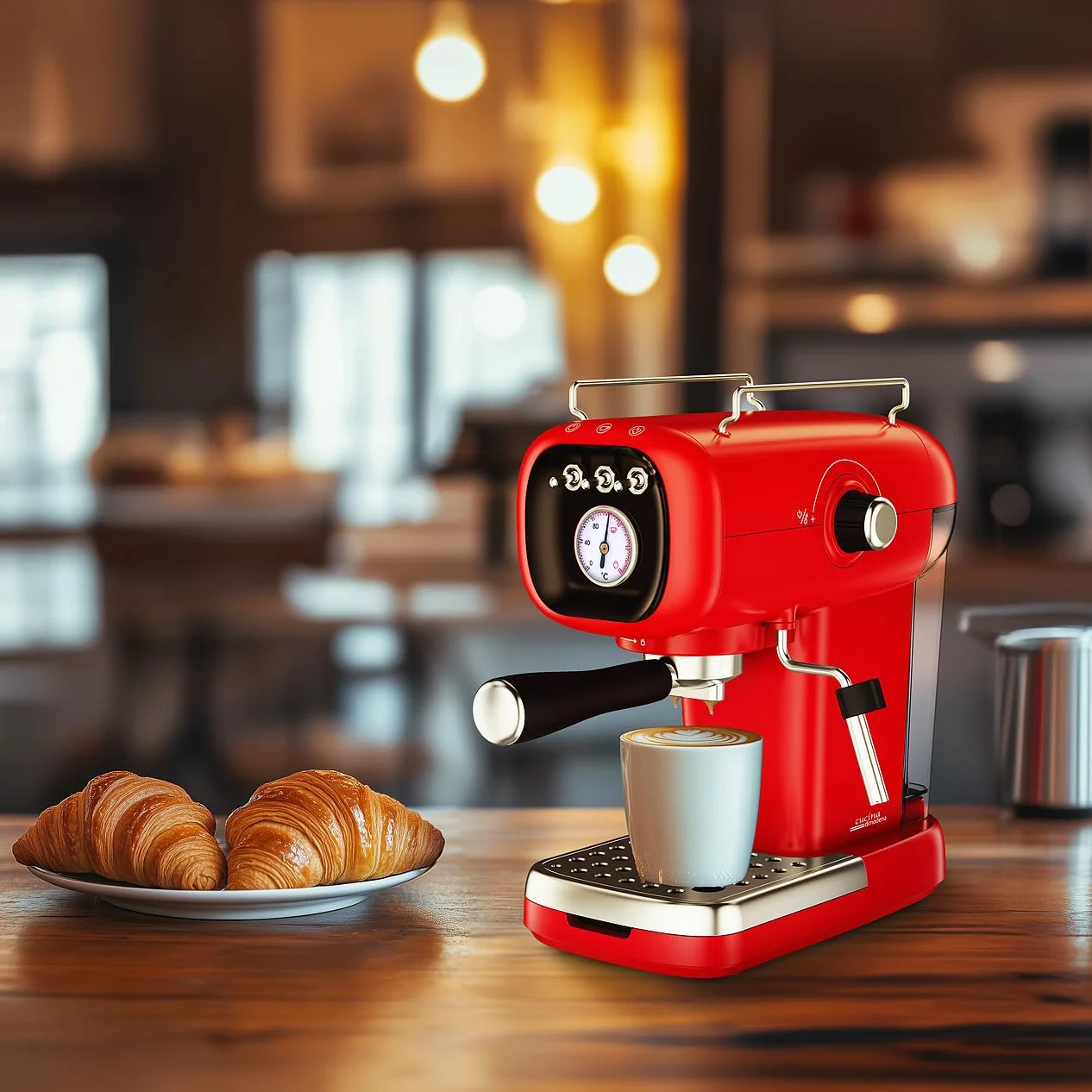 Máquina de espresso retro con portafiltro, adaptador para cápsulas tipo Nespresso, 20 bar, roja