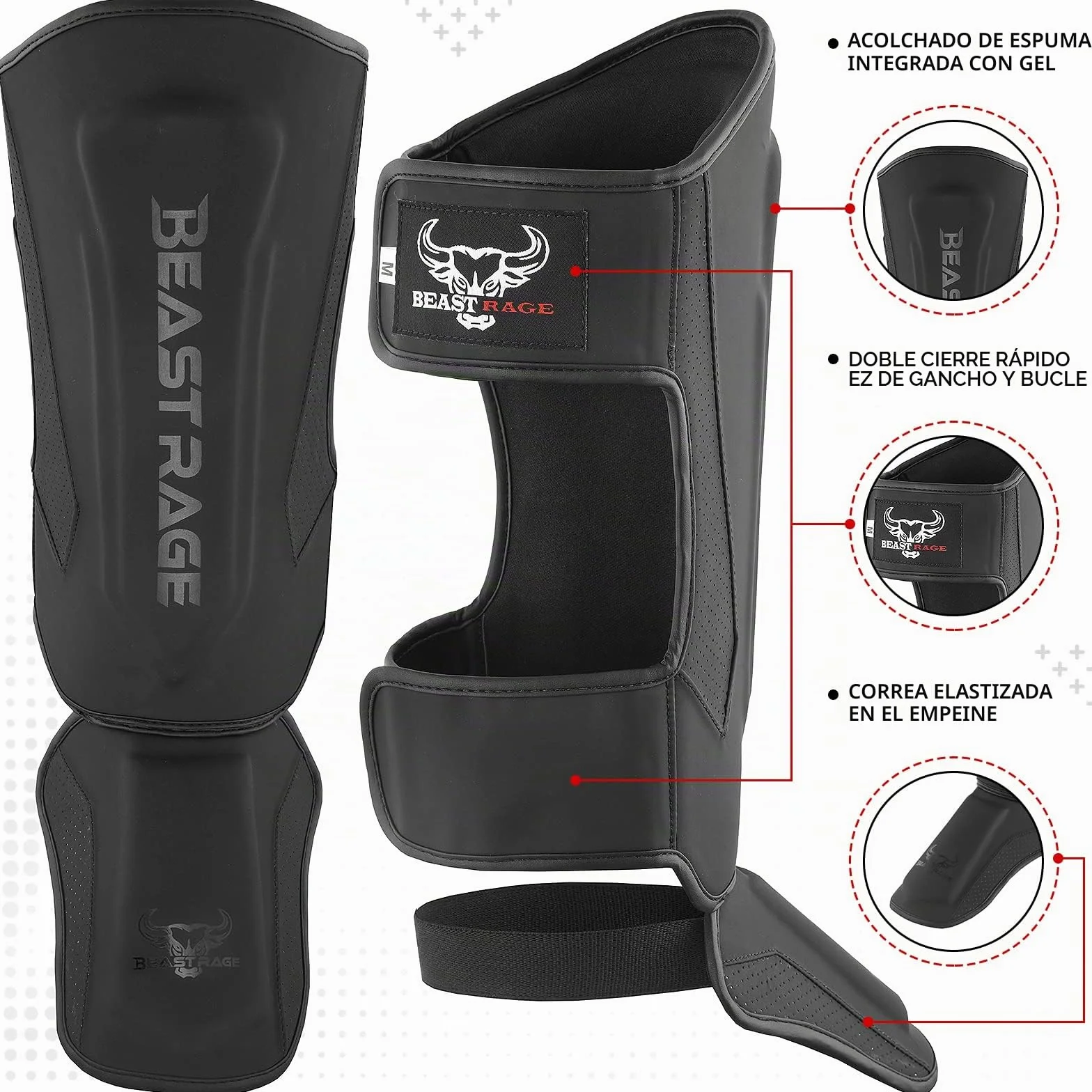 BEAST RAGE Espinilleras para Kickboxing Muay Thai MMA Protector de Piernas con Protección en el Empeine Equipo de Entrenamiento (M)