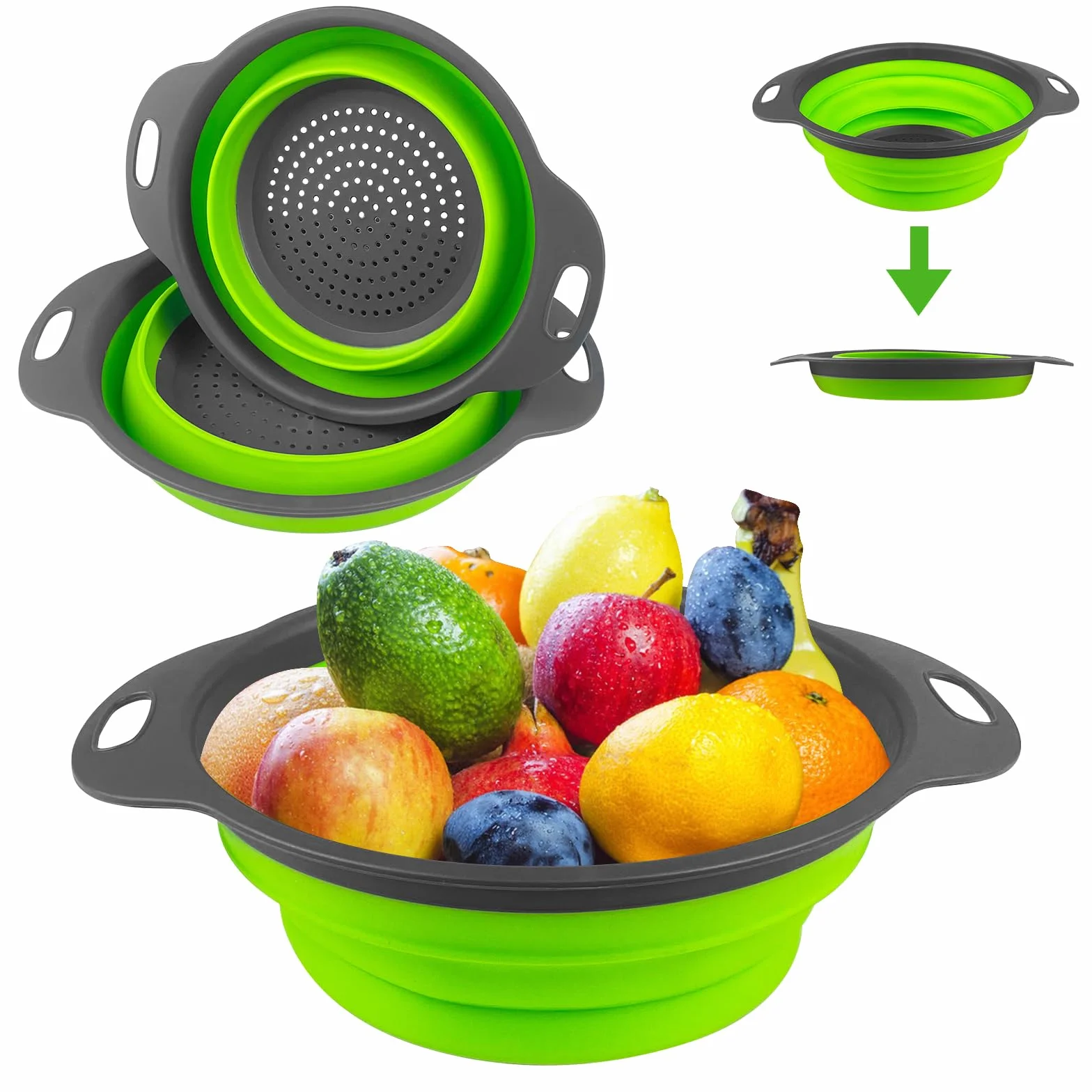 Newpop 2 Piezas Colador de Cocina, 2 Tamaños Escurridor Plegable, Colador Plegable Silicona, Fácil de Limpiar Escurridor de Verduras para Escurrir Pasta, Frutas, Verduras (Verde 25+29Cm)