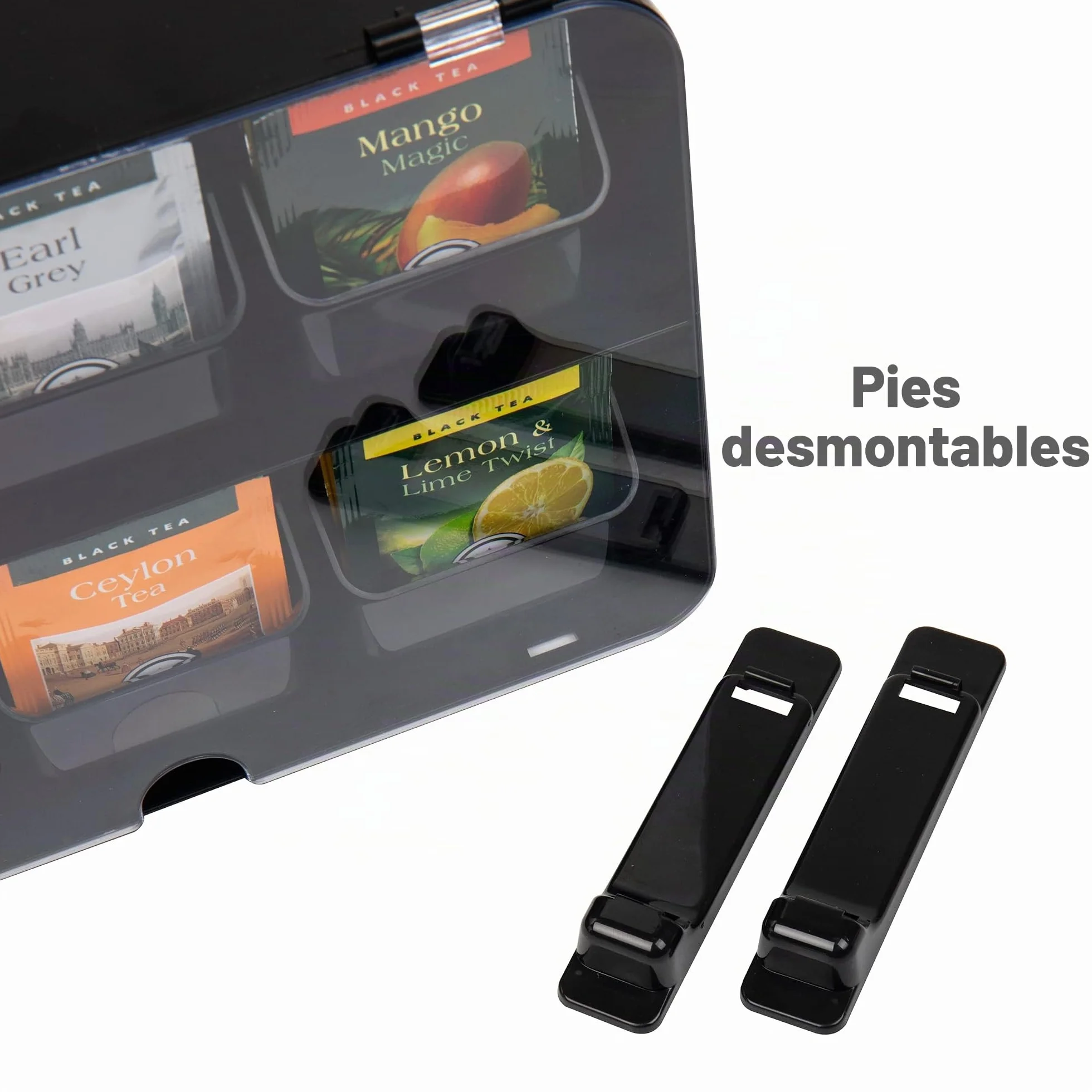 MInd Reader Foundation Collection, organizador de bolsas de té de 6 compartimentos, capacidad para 72 bolsas, cajones extraíbles, tapa transparente con bisagras, organizador de encimera, montaje en