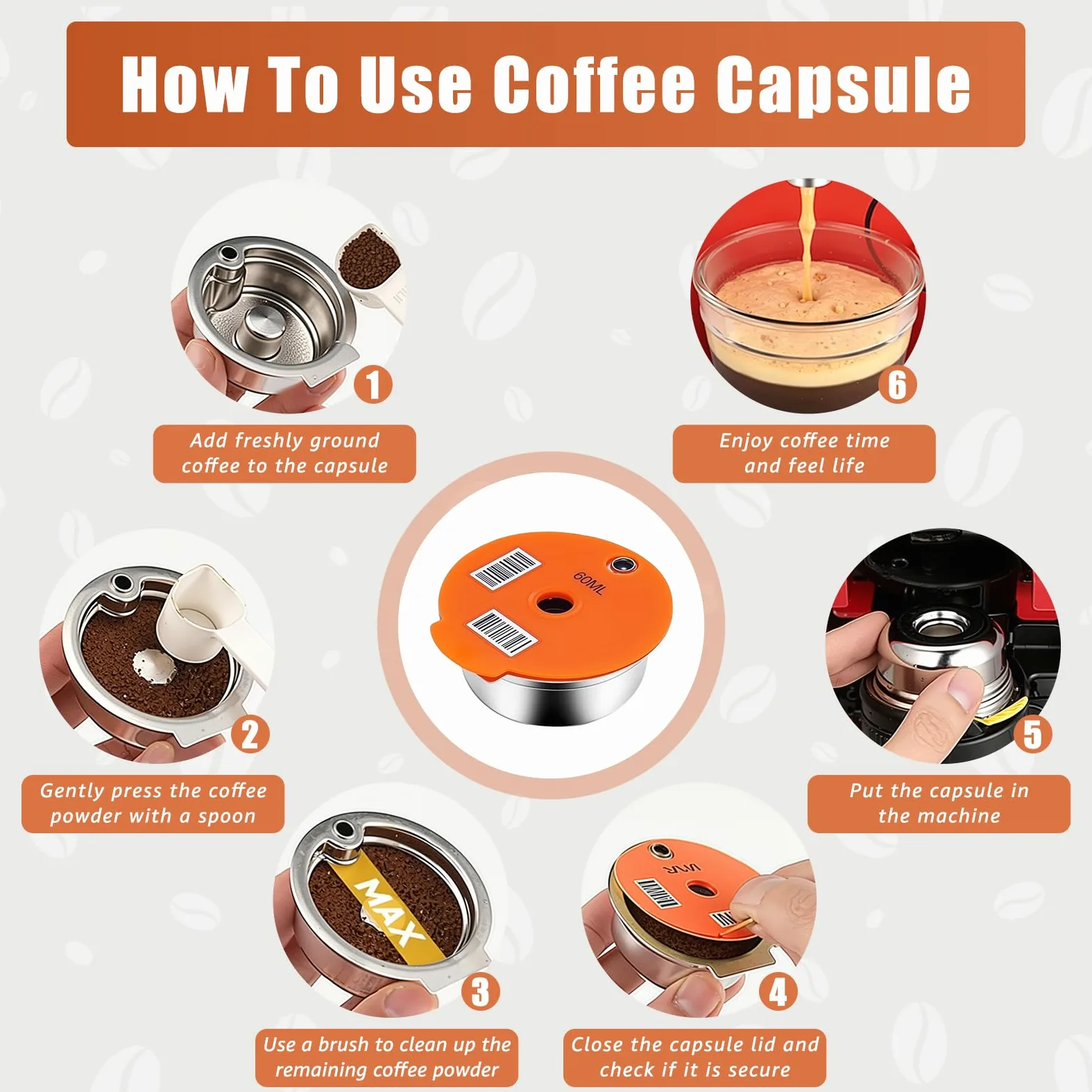 Cápsulas de café reutilizables para Tassimo, cápsulas de café de acero inoxidable con manipulación de café y 4 tapas de silicona (220 ml/200 ml/180 ml/60 ml), cápsulas de café recargables compatibles