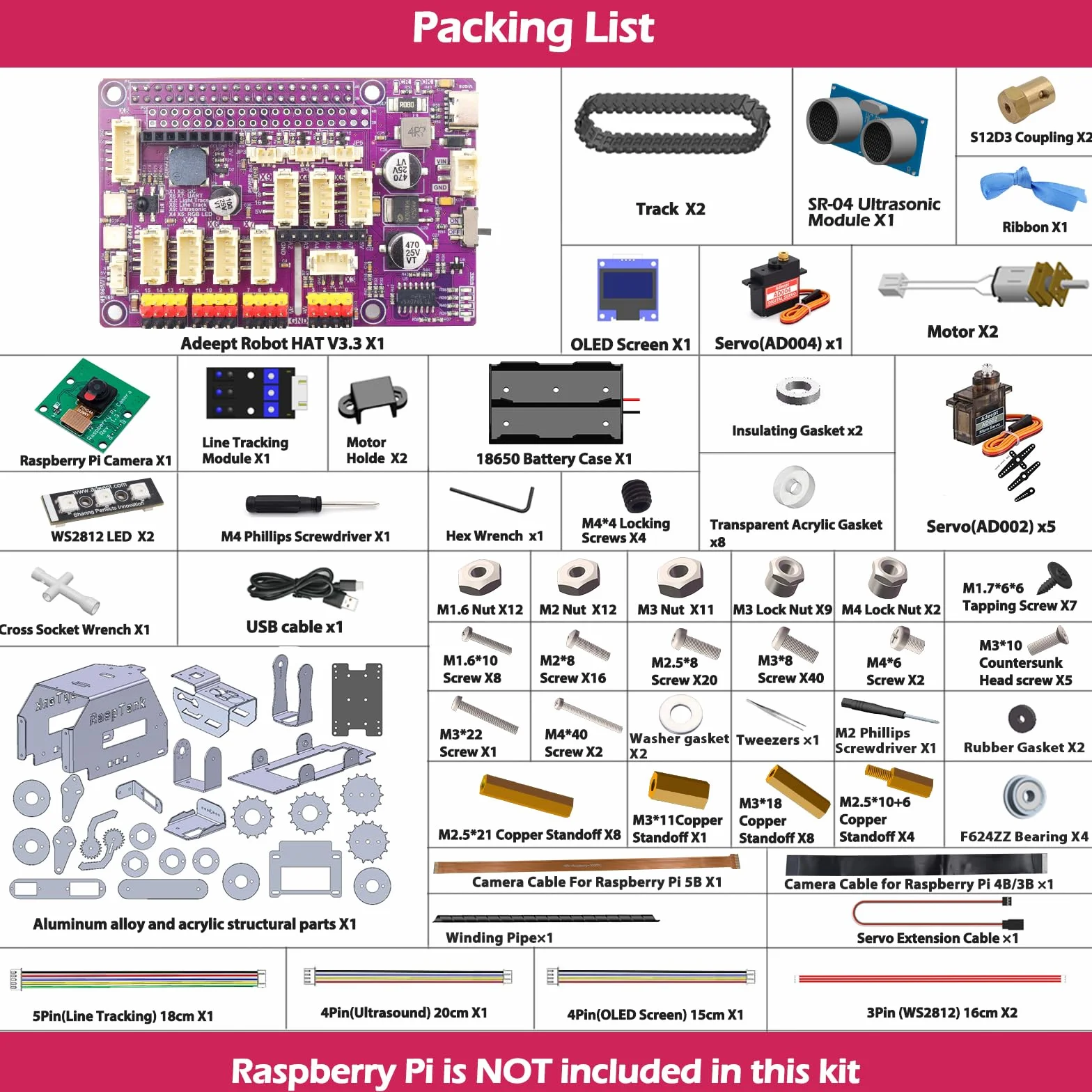 Adeept RaspTank - Kit de Coche Inteligente de Metal para Raspberry Pi 5/4B/3B/3B+ (Placa no incluida), Robot rastreado por Tanque con Brazo robótico de 4 DOF, prevención de obstáculos, Seguimiento de