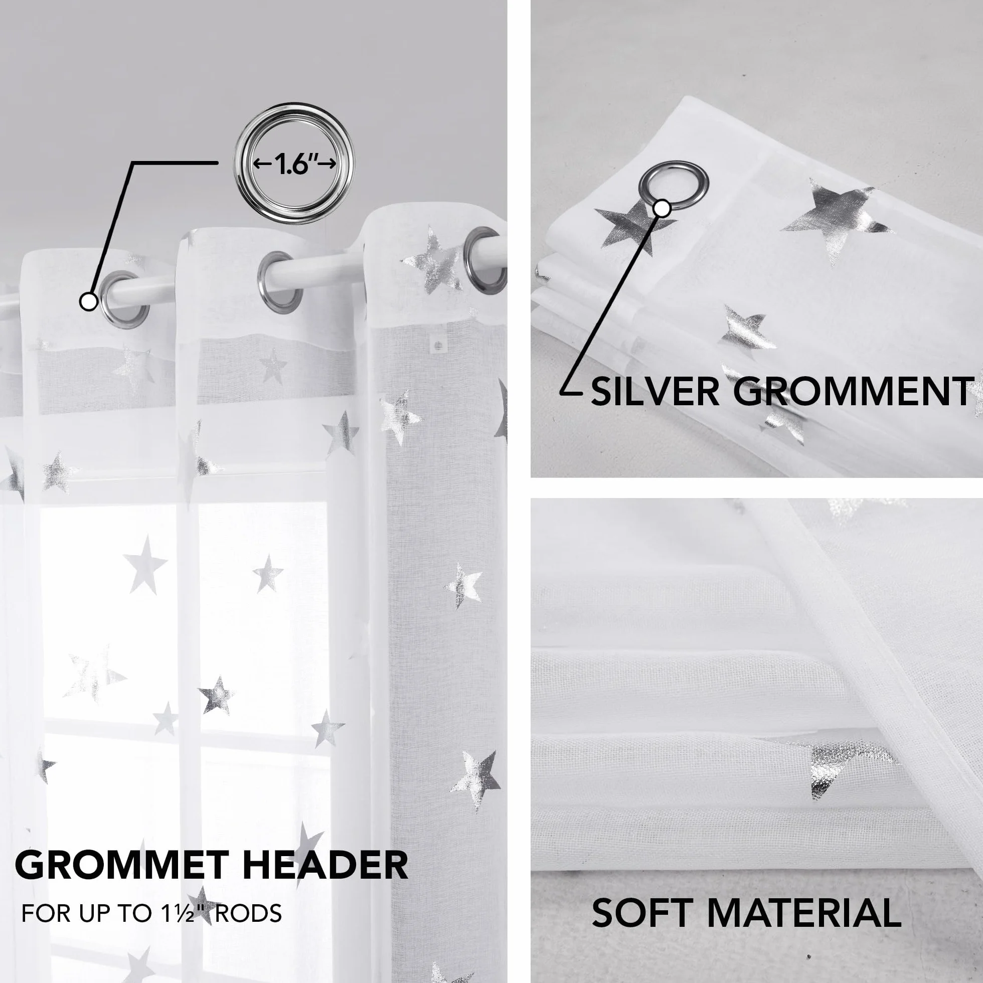 Deconovo Cortinas Dormitorio Blancas con Motivos Plateados Translucidas 2 Piezas 140x145cm Blanco-Estrella