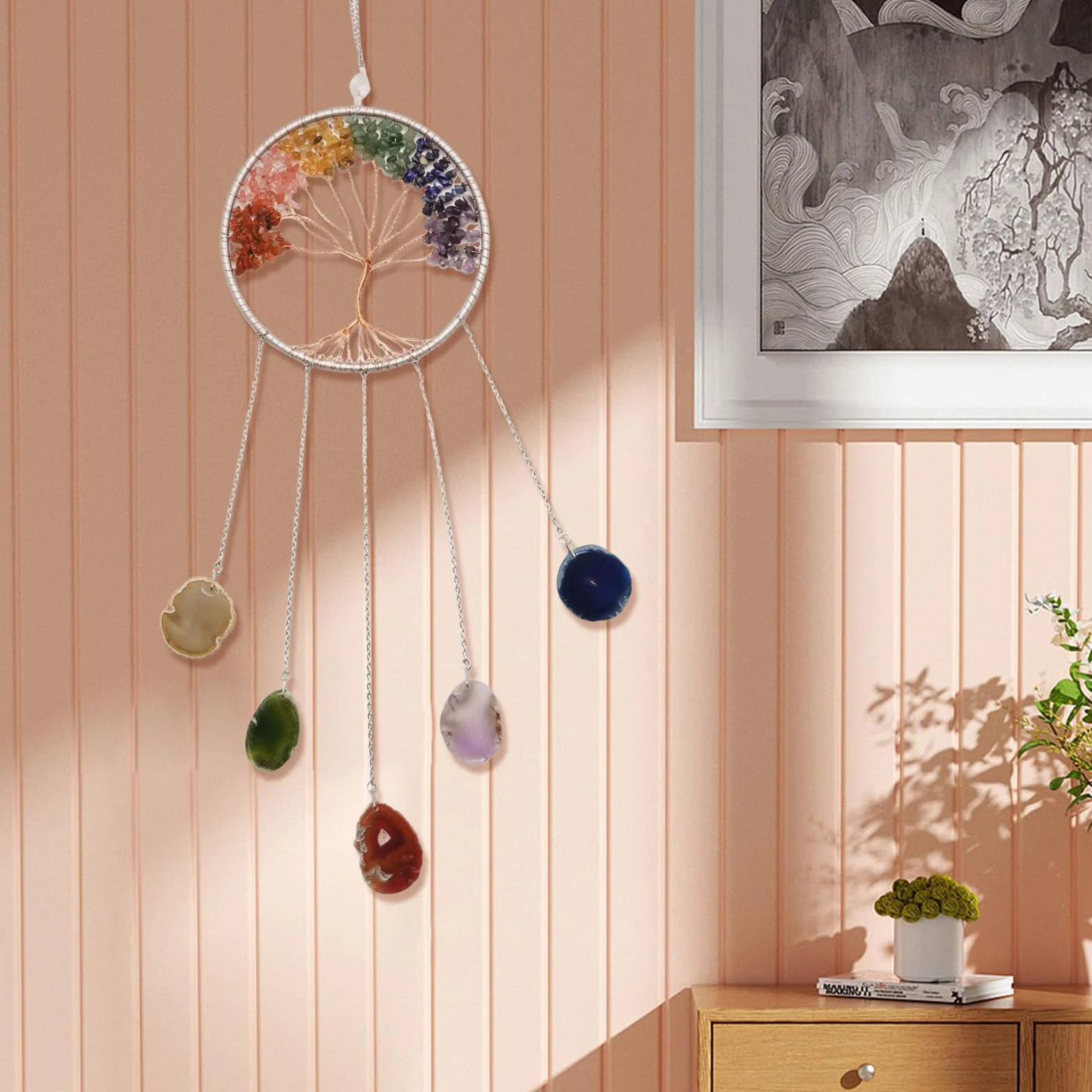 Hoypeyfiy Cristales árbol de la vida atrapasueños, piedra preciosa natural ágata chakra escudo colgante de pared decoración del hogar para meditación yoga arte de pared
