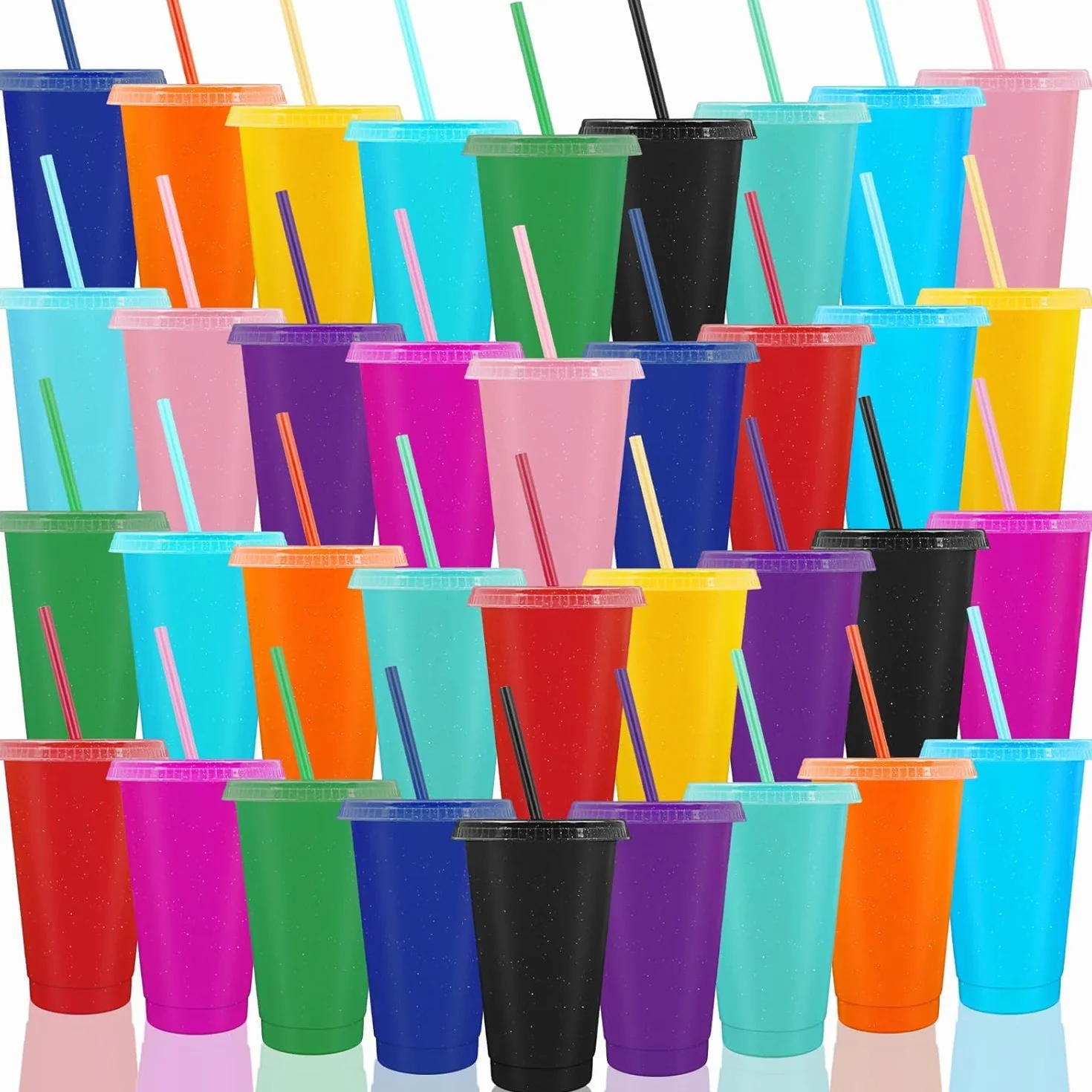 Malloom 36 vasos de plástico reutilizables con tapa y pajita, 700 ml, vasos de bebidas frías con purpurina, vasos para fiestas, tazas de viaje para café helado, batidos, cumpleaños