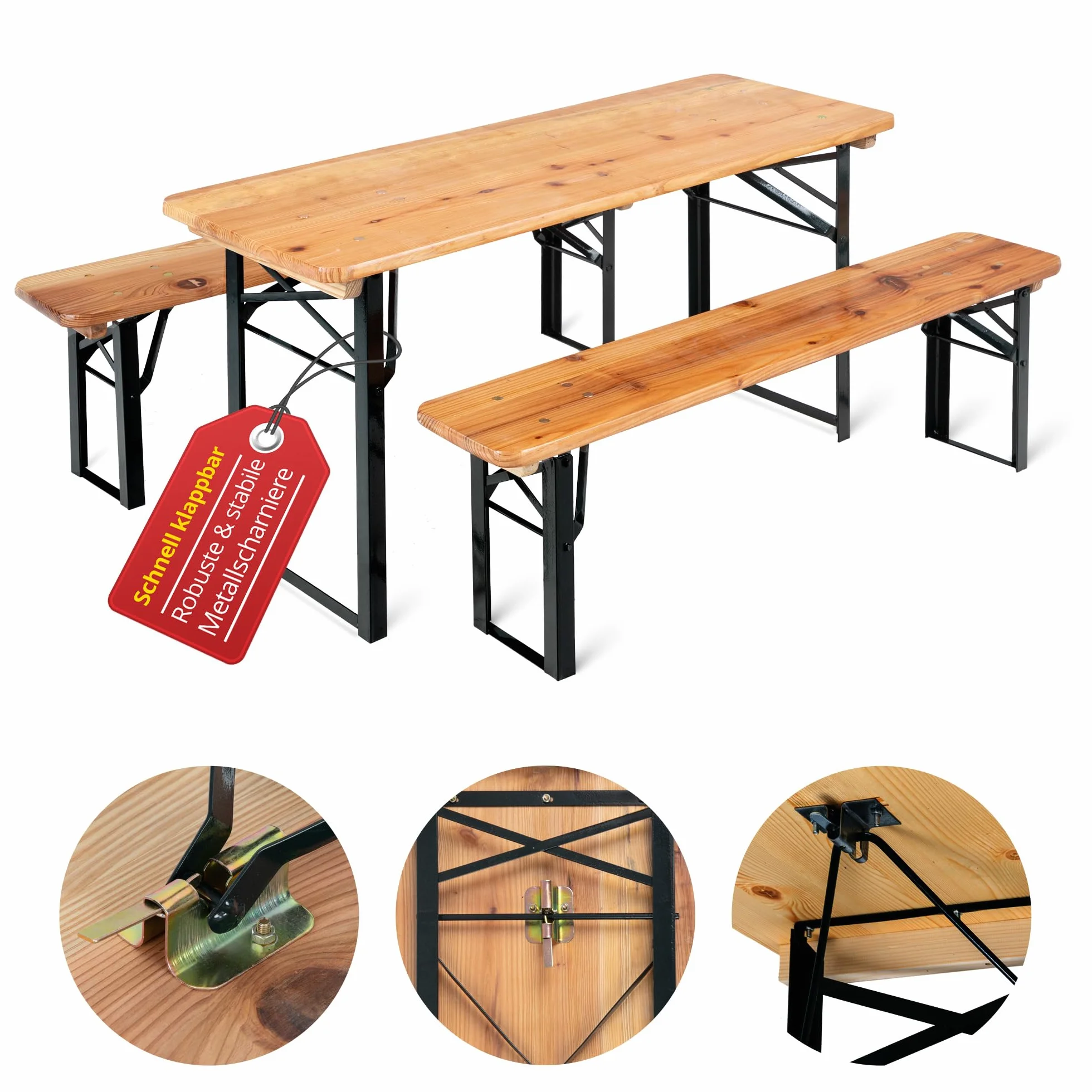 Stagecaptain BBK-110 Hirschgarten - Conjunto Infantil Plegable 110 cm: 1 Mesa + 2 Bancos de Madera, Festivo, Interior/Exterior, Acabado Natural