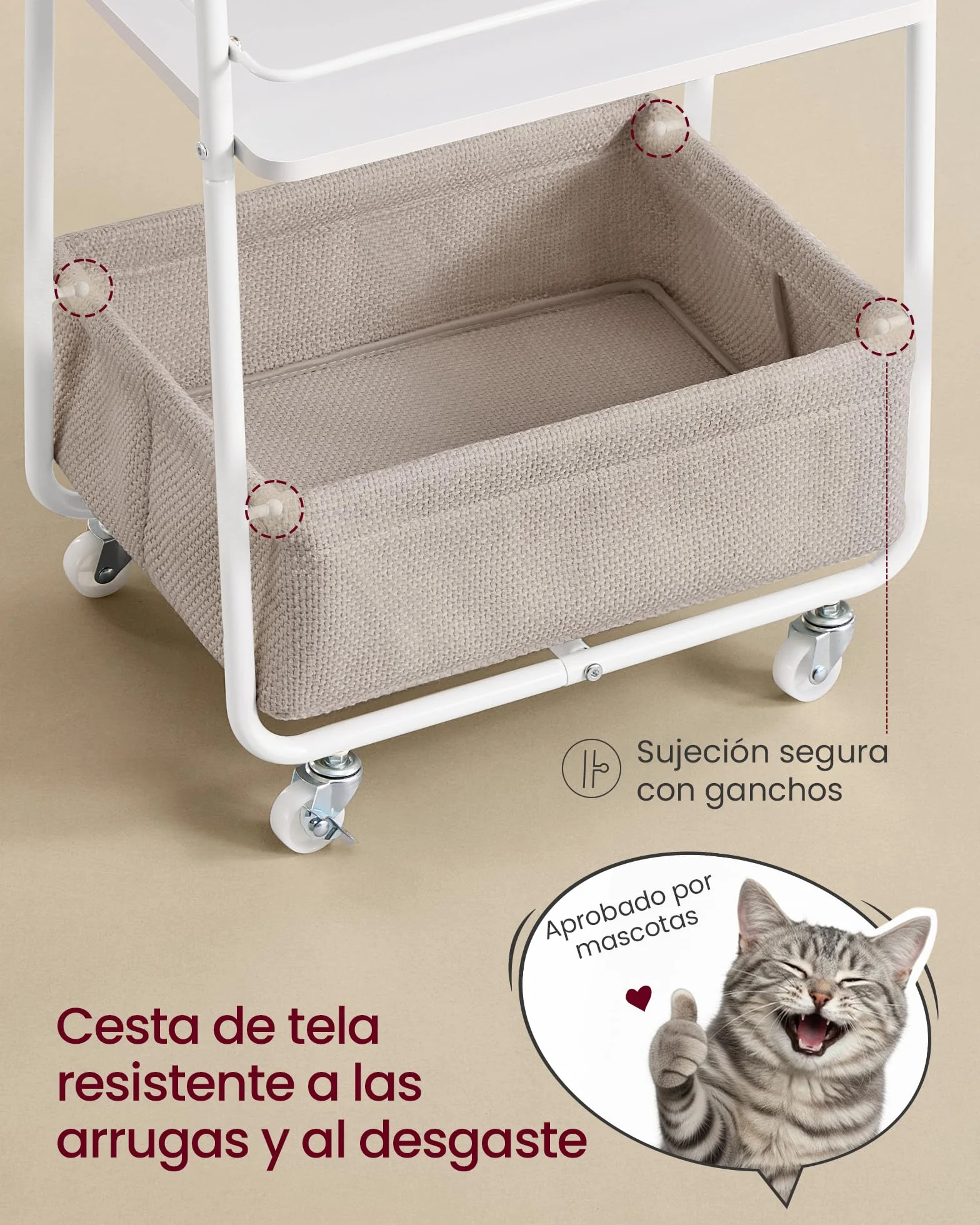VASAGLE LILEA Colección - Carro de Almacenamiento con Cesta de Tela, Carrito de 3 Niveles con Ruedas, Organizador para Salón, Dormitorio y Cocina, Blanco Nube y Marrón Camello LRC001WB01