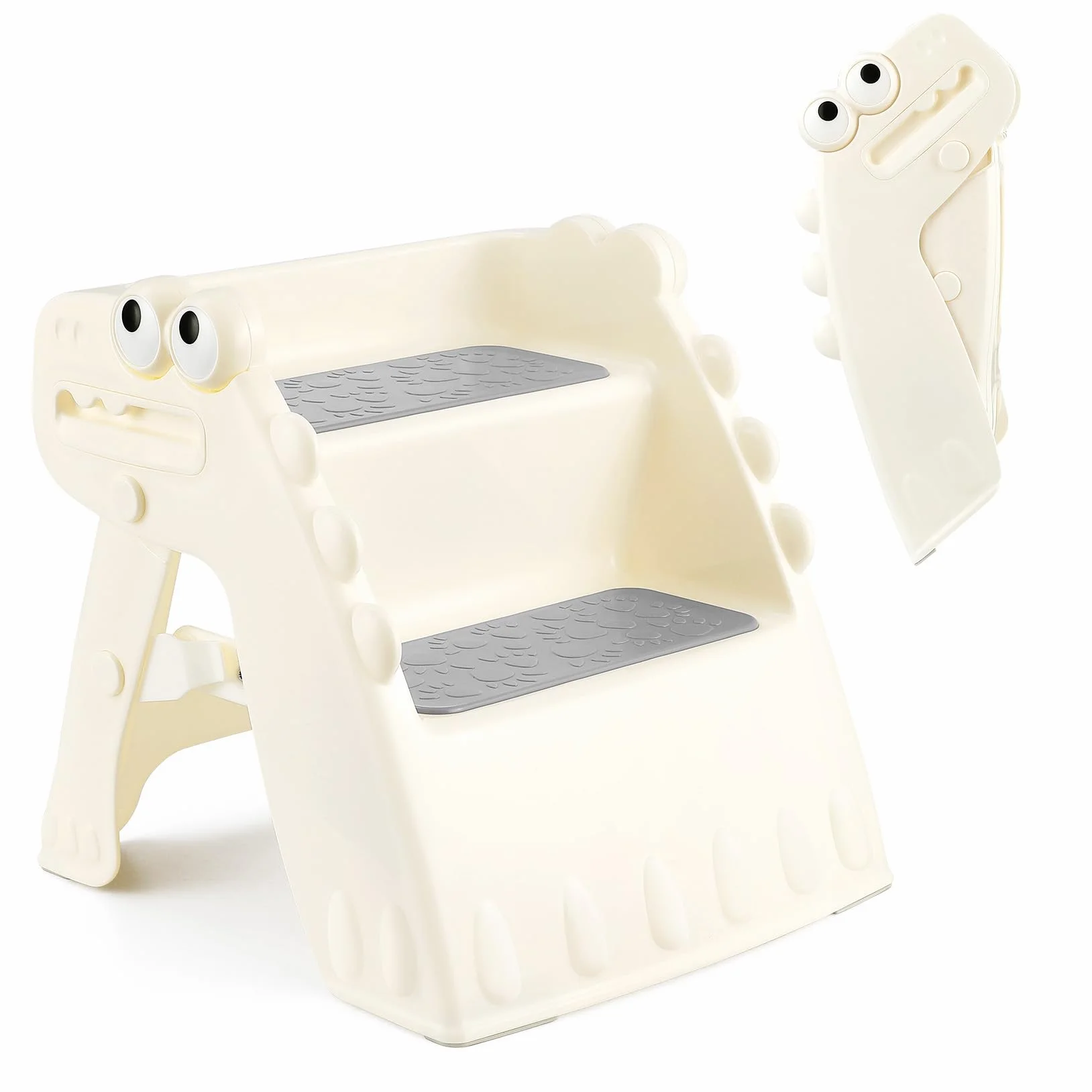 Onasti Taburete Plegable para Niños con Escalón Antideslizante 2 Pasos, Diseño Dinosaurio Blanco