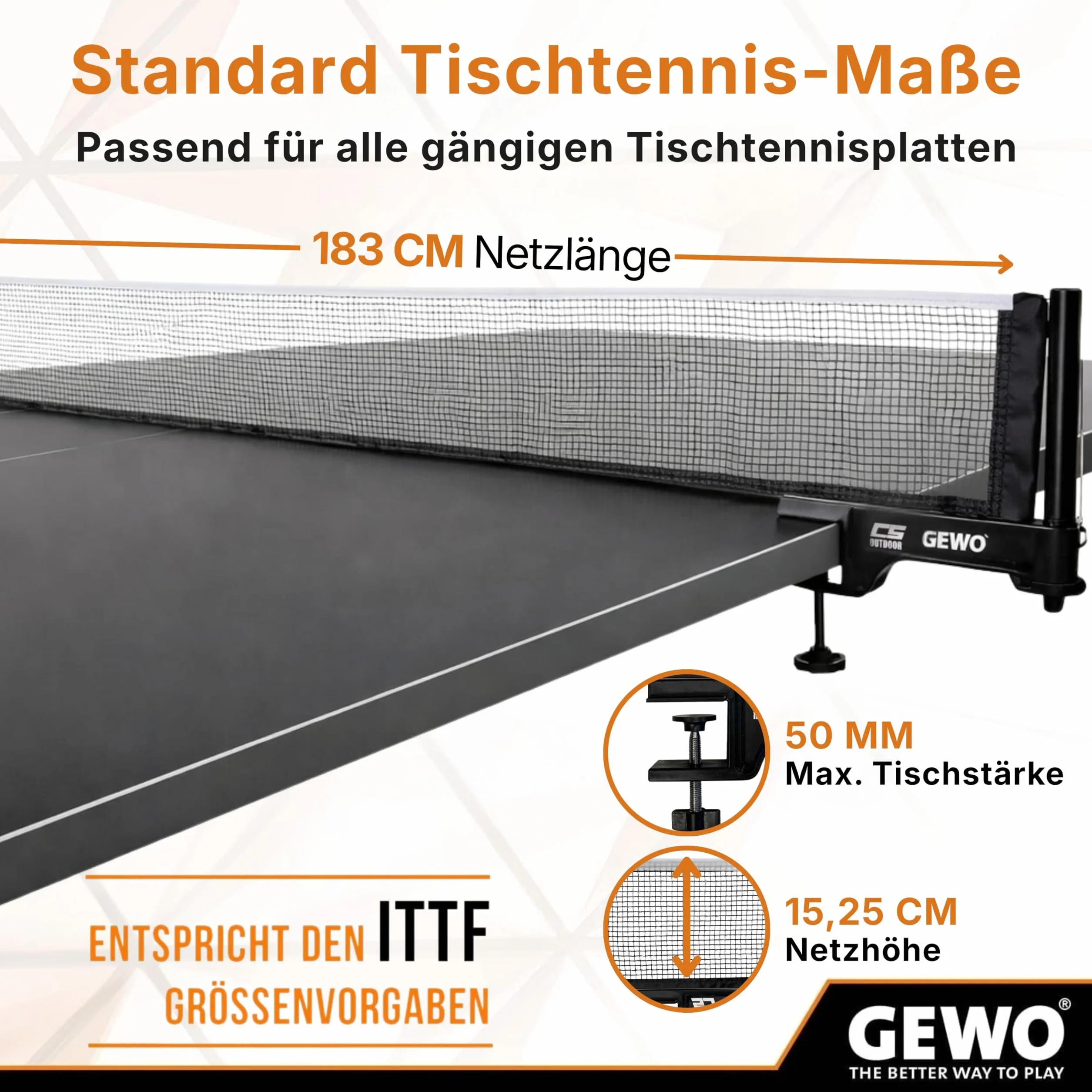GEWO CS Outdoor Red de Ping Pong para Exteriores, Resistente a la Intemperie, Soportes de Red, Tornillo de Ajuste de Altura