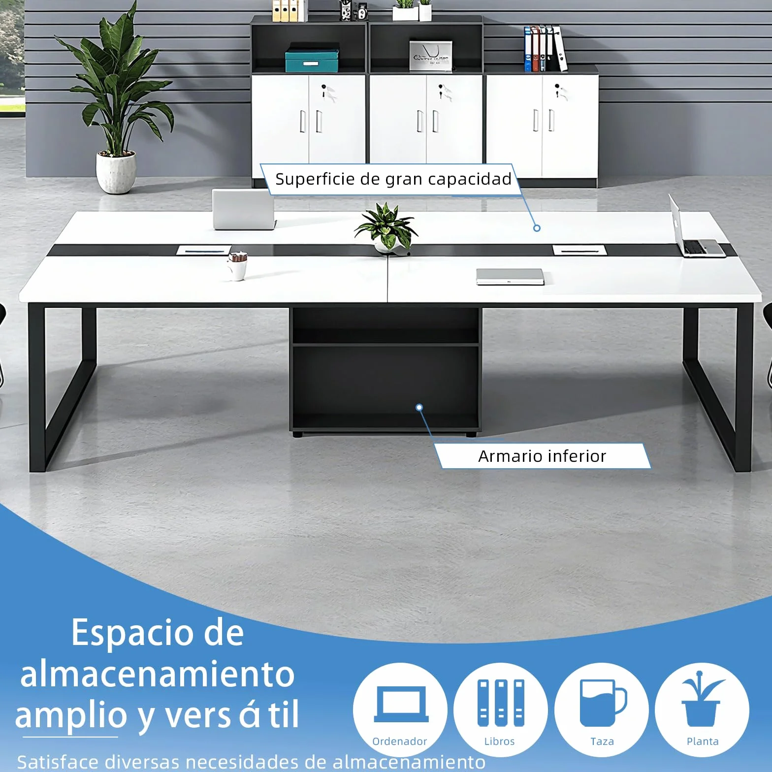 Mesa de Conferencias Grande con Módulo de Almacenamiento — Mesa de Reuniones Moderna 8–12 Personas, Estructura Metálica Negra, Ideal para Oficinas, Salas de Reuniones y Seminarios