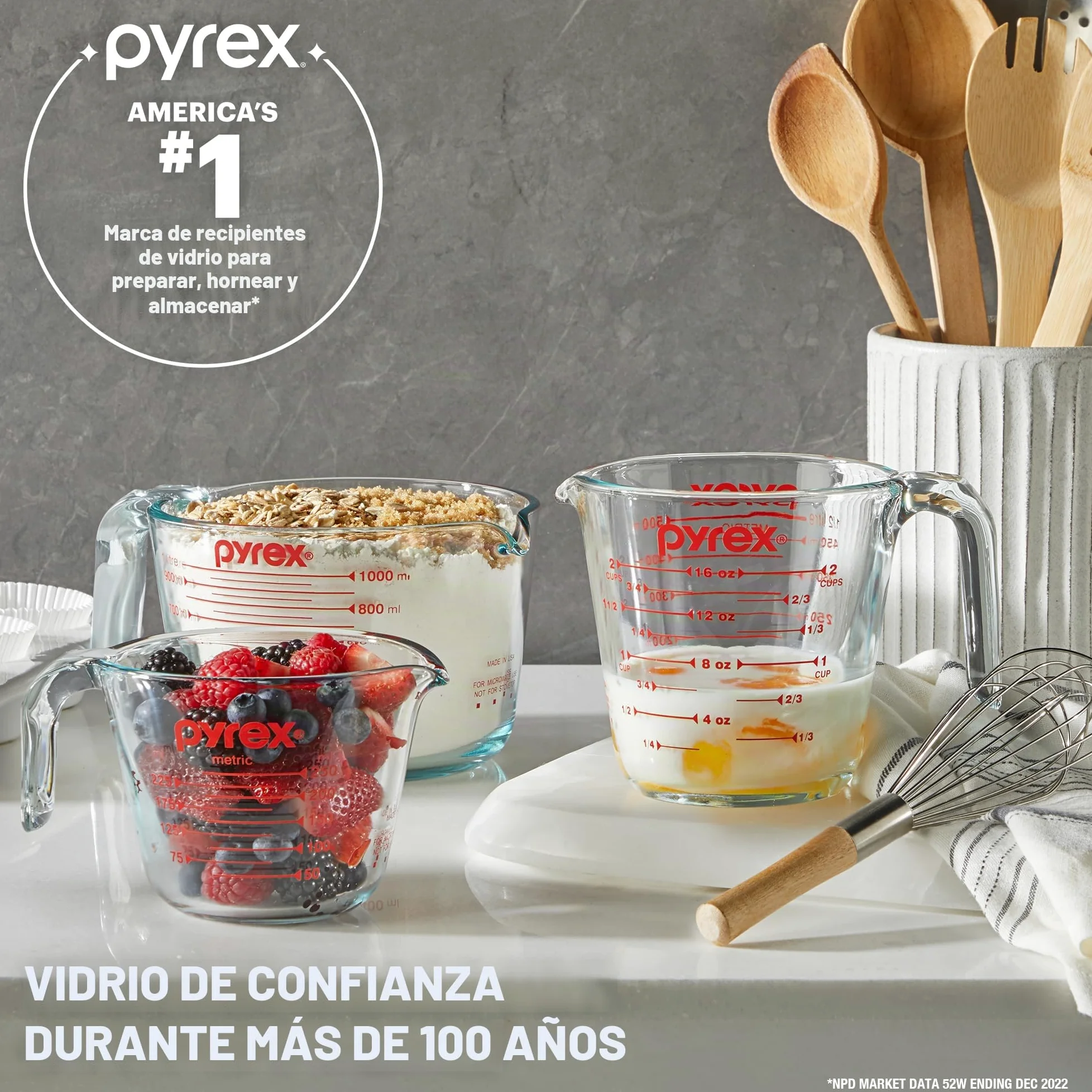 Pyrex Essentials - Juego de 3 tazas medidoras de vidrio (1, 2 y 4 tazas) para preparar, hornear y cocinar, horno precalentado, lavavajillas, congelador y microondas