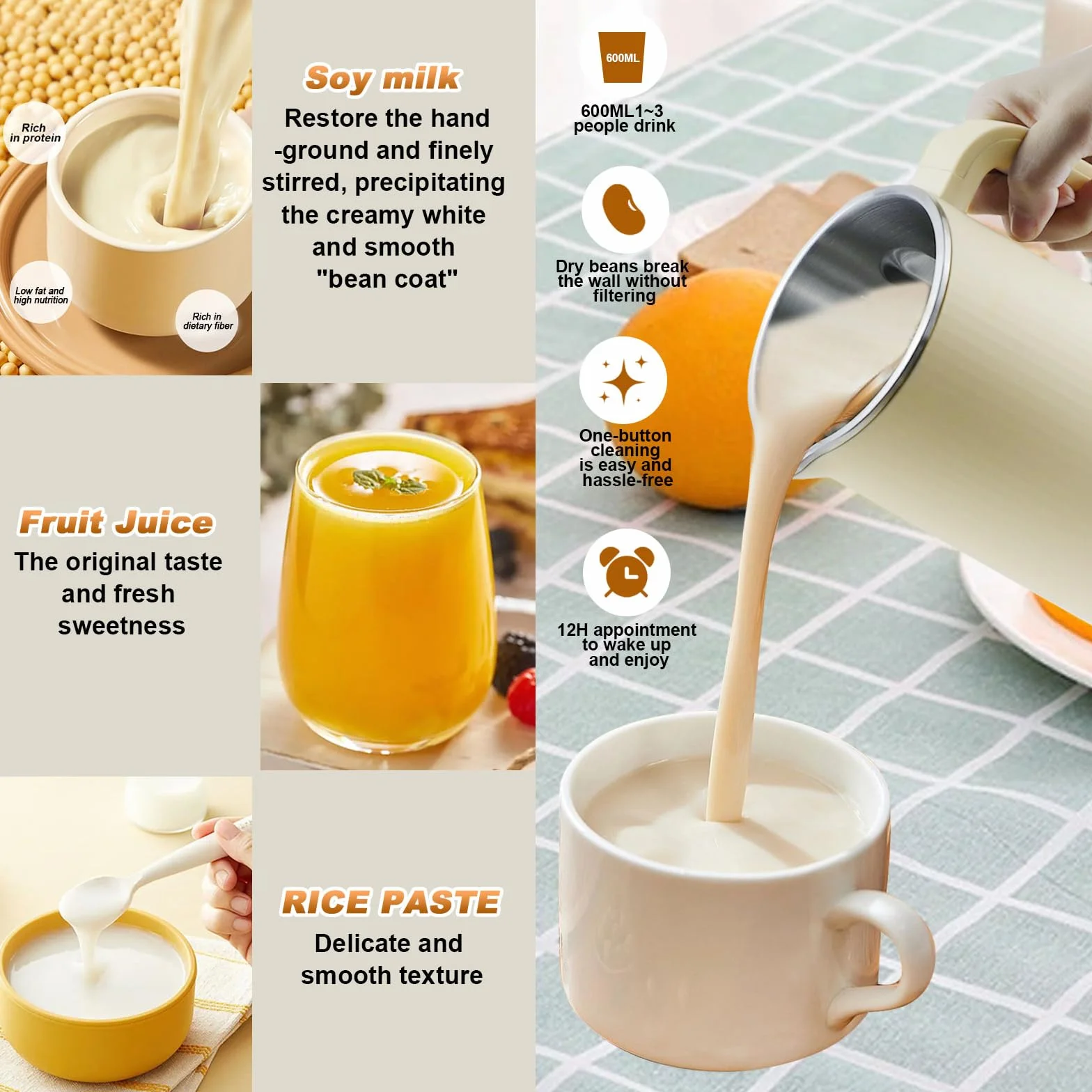 Máquina de Leche de Soja Multifunción,preparadora de sopas y mermeladas de 20 onzas, Fabricante de leche de soya con inicio diferido, Mantener caliente, Filtración gratuita,10 cuchillas
