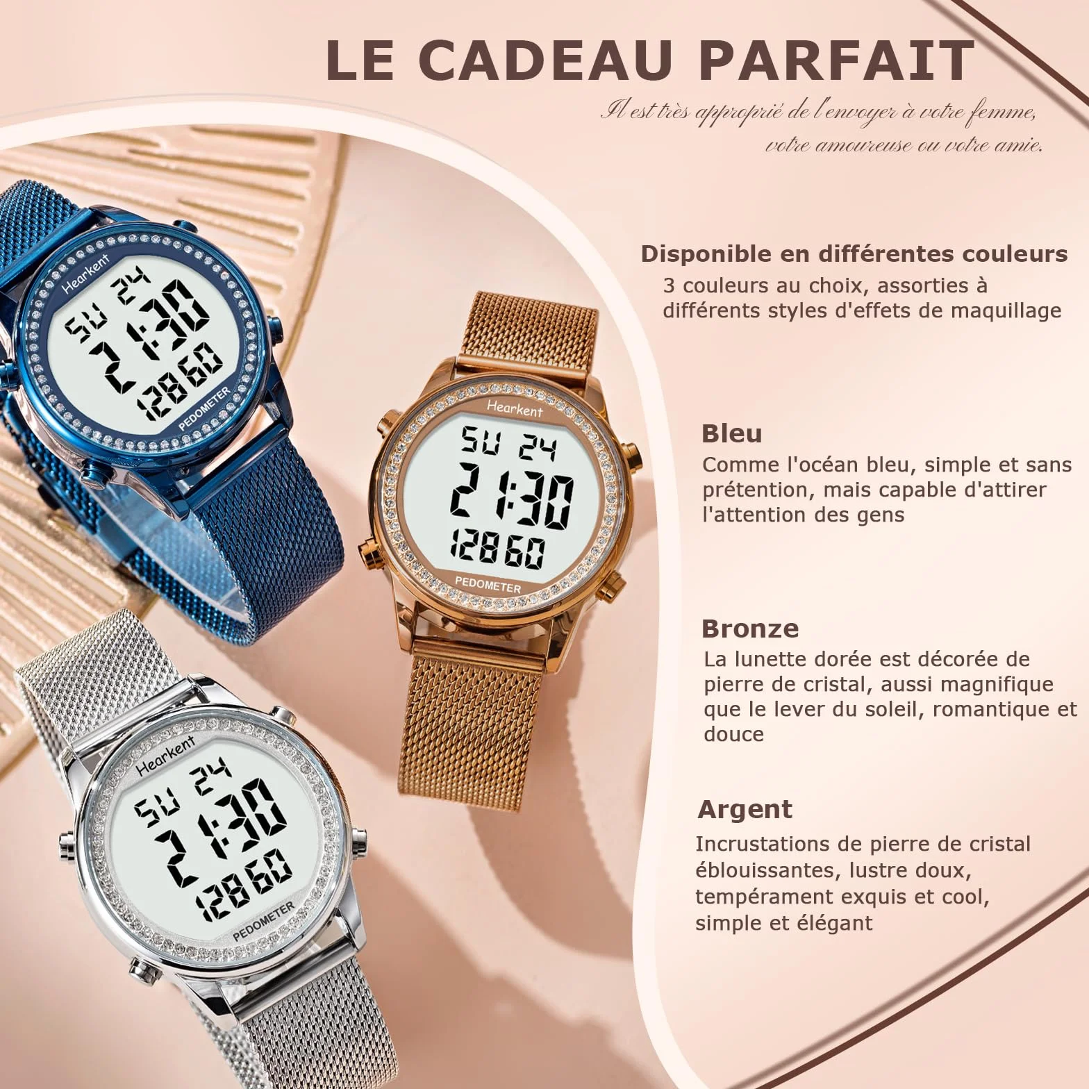Hearkent - Reloj podómetro para mujer, correa de nailon flexible, sin aplicación ni carga necesarias, con conteo de pasos, calorías de distancia, reloj y retroiluminación de pantalla