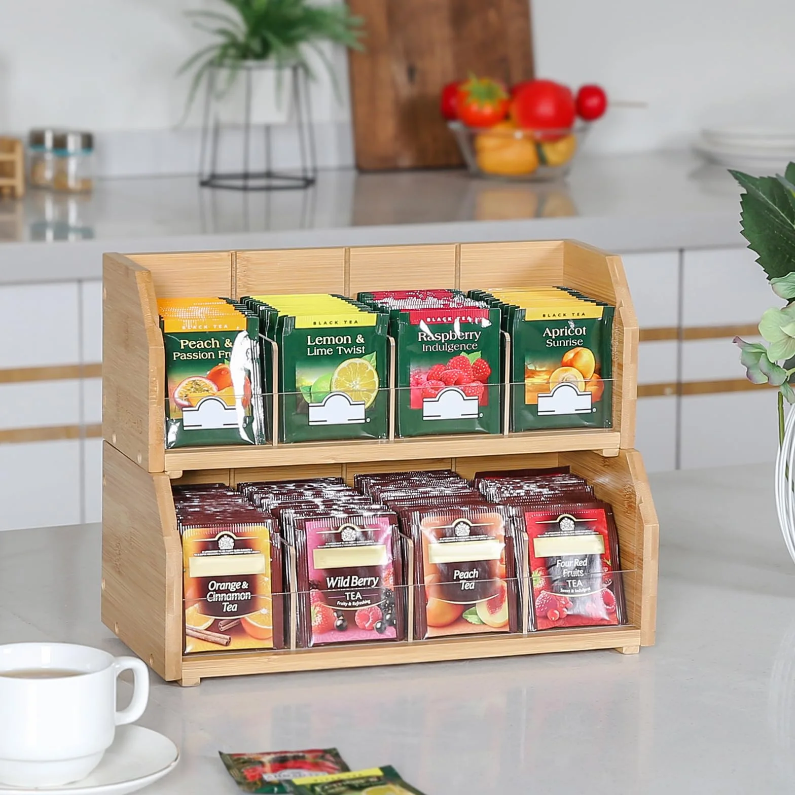 TIOPGHAD Organizador de bolsas de té de bambú apilable de 2 capas, soporte de almacenamiento para bolsas de té, contenedores de madera para té, estante de estación de té para gabinete, encimera