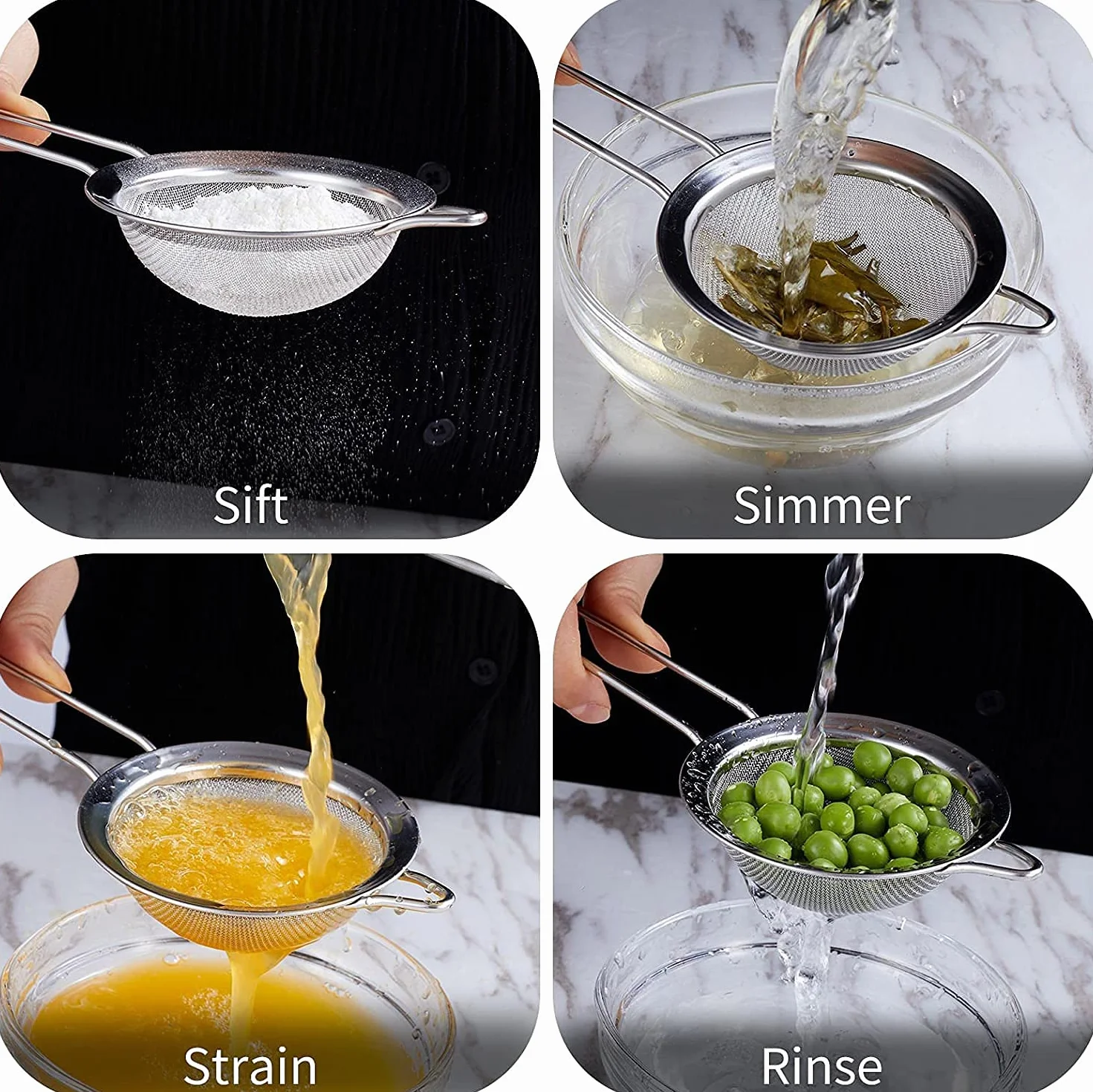 Pack 3 Colador Acero Inoxidable 12cm, 10cm y 8cm - Cocina Malla Fina Microperforado Redondo