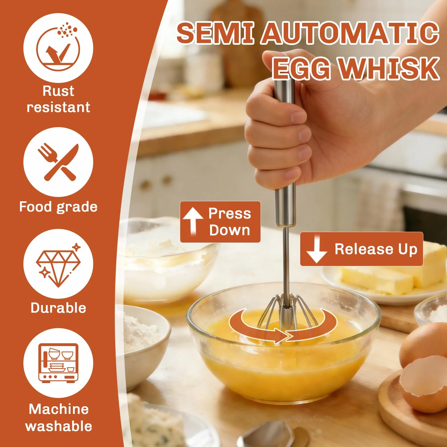 3 Piezas Batidor Semiautomático de Acero Inoxidable, Batidor Manual de Huevos con Mecanismo de Resorte Barillas Batir Manual para Mezclar, Revolver la Masa, Huevos, Espumar, Batir