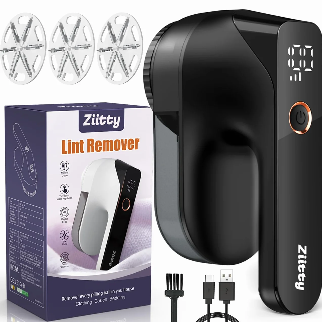 Ziitty - Afeitadora de tela, removedor de pelusas para ropa, suéter con pantalla LCD, 3 velocidades, 6 cuchillas, recargable tipo C, afeitadora de suéter para quitar pelusas, bolas de pelusa para ropa