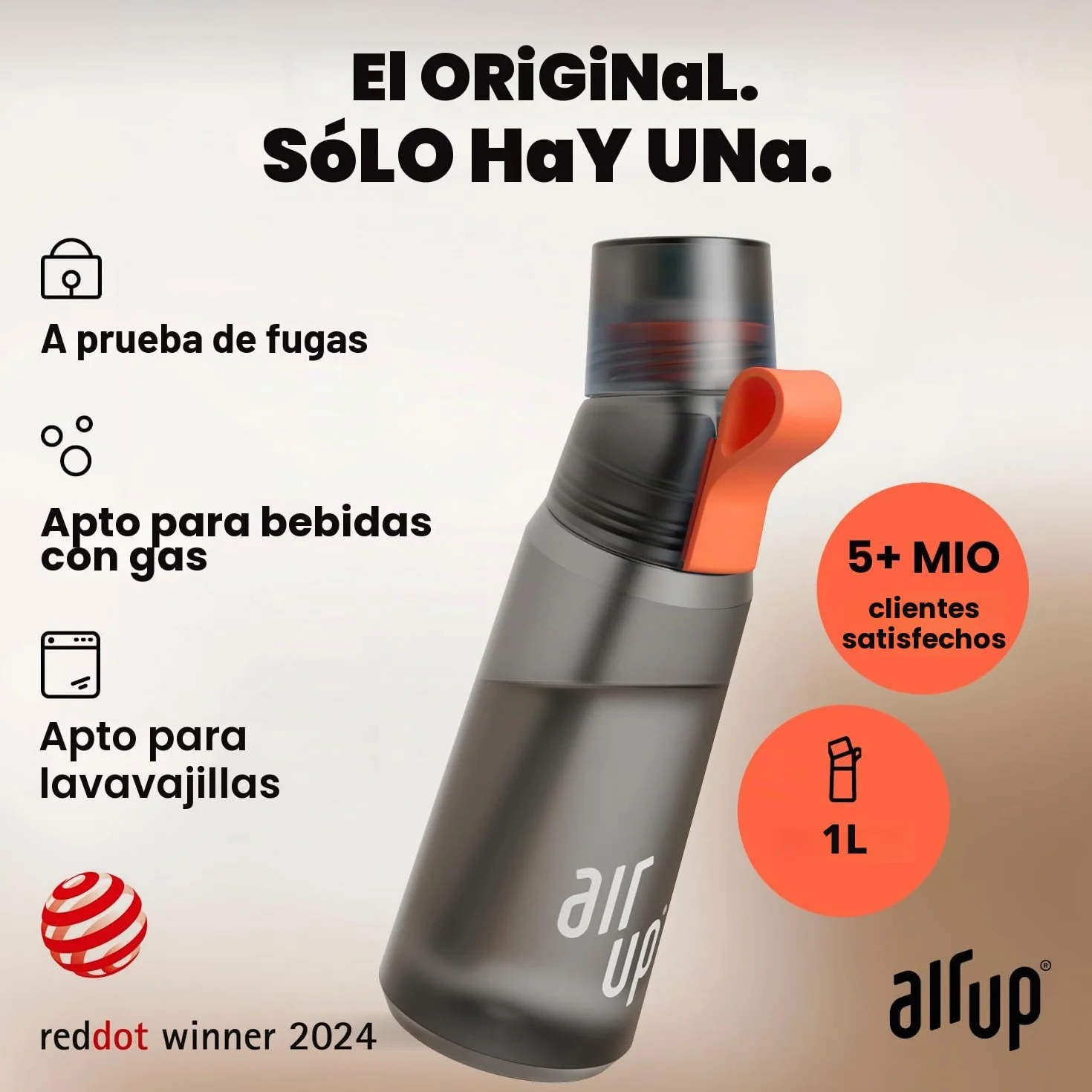 air up® Botella Gen2 Starter Set original, 1 L, gris, sin azúcar, a prueba de fugas, apta para lavavajillas