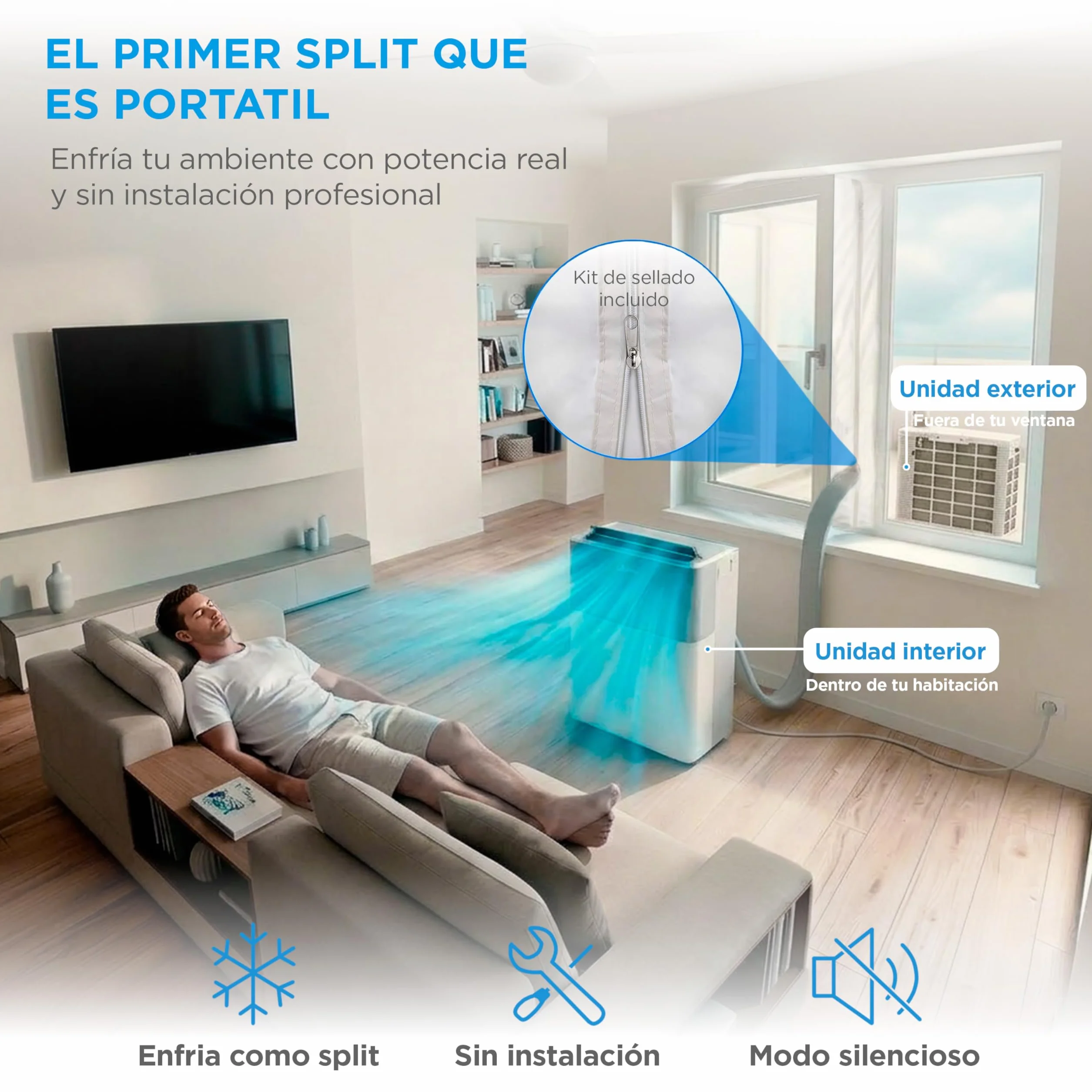 Midea Portasplit Aire Acondicionado Portatil 4 en 1 | 3000 frigorías / 12000 BTU | Split sin Obra de Bajo Consumo con modo Silence, App/Wifi, Deshumidificador, Calefacción y Ventilador hasta 45 m2