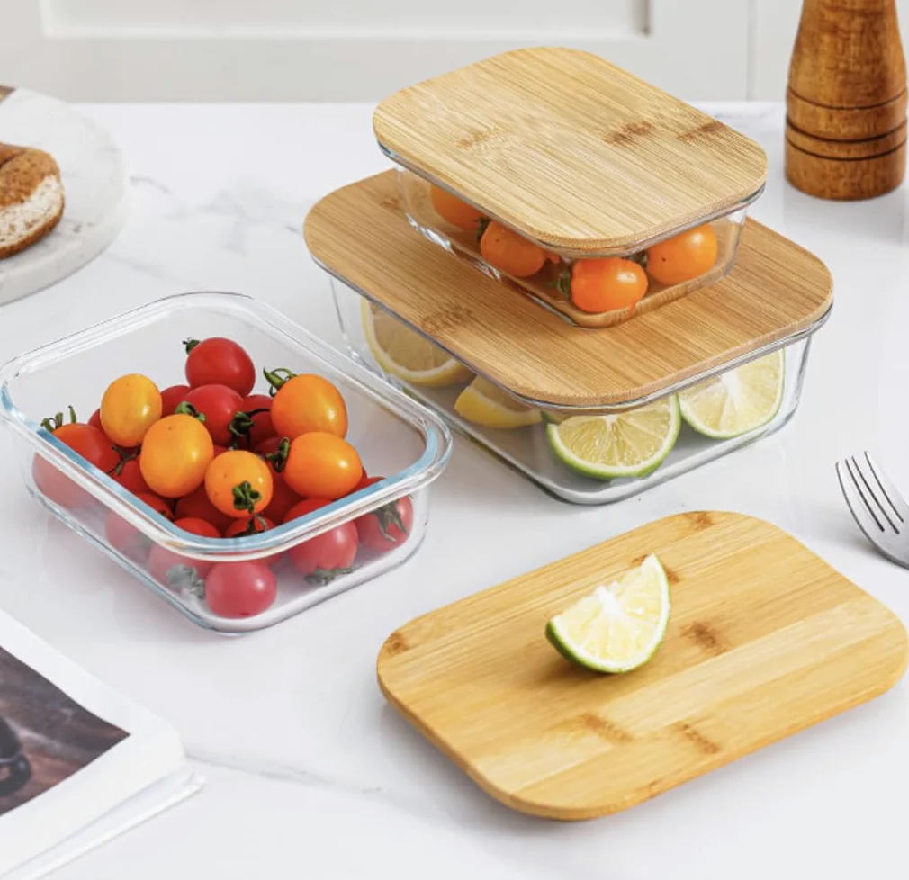 Vellichor Europe Recipientes de vidrio para almacenamiento de alimentos con tapas herméticas de bambú, juego de 3, ecológicos, sin plástico, tamaños versátiles, aptos para microondas y horno,