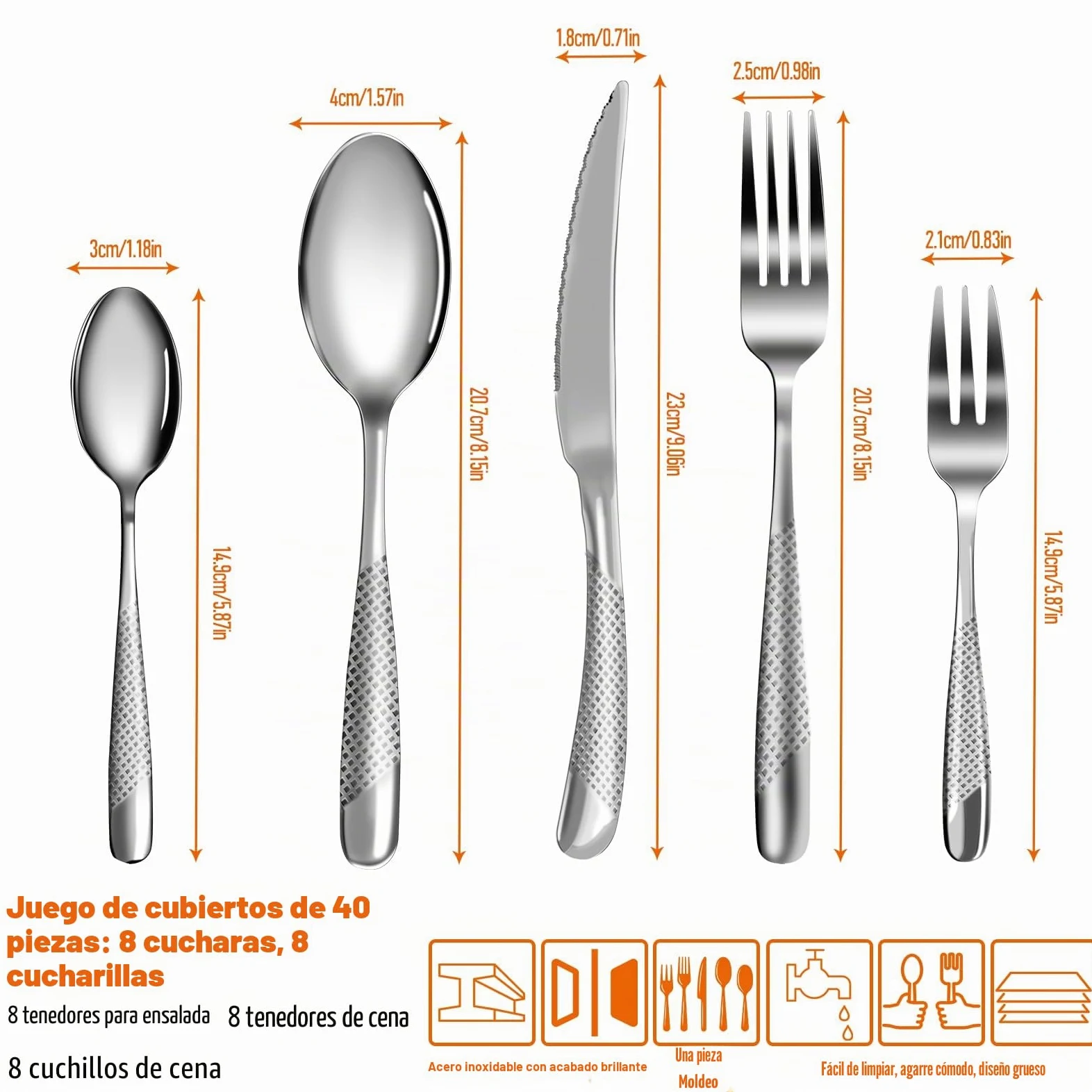 Cubiertos 40 piezas, Kit Cubiertos Individuales Acero Inoxidable para 8 personas, omprend cuchillos/tenedores/cucharas, lavable en lavavajillas, fácil de limpiar
