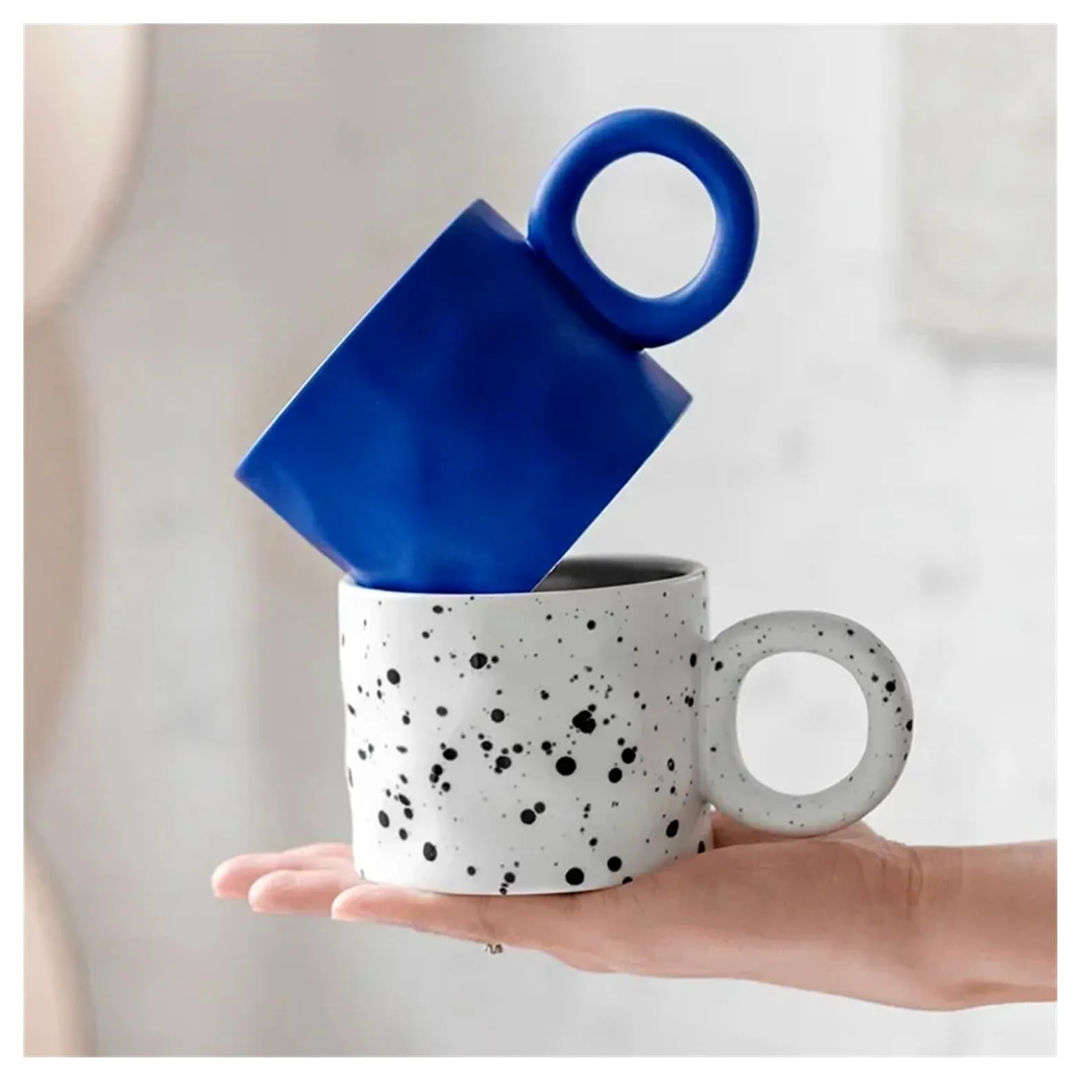 Tazas de café grandes de cerámica, Taza de café porcelana cerámica for desayuno, taza avena con asa anillo, multicolor, 450 ml(Green)
