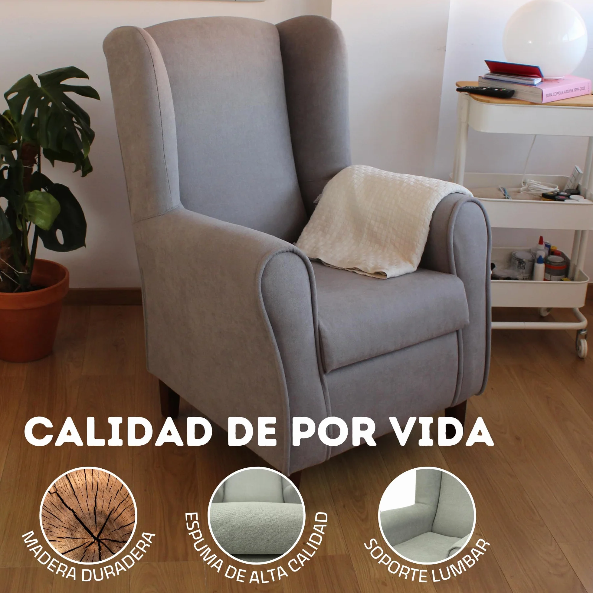 HOME DESIGN & CONFORT® Sillón Orejero con Tela Antimanchas para Dormitorio, Salón, etc | Butaca Orejero Fabricado en España (Gris)