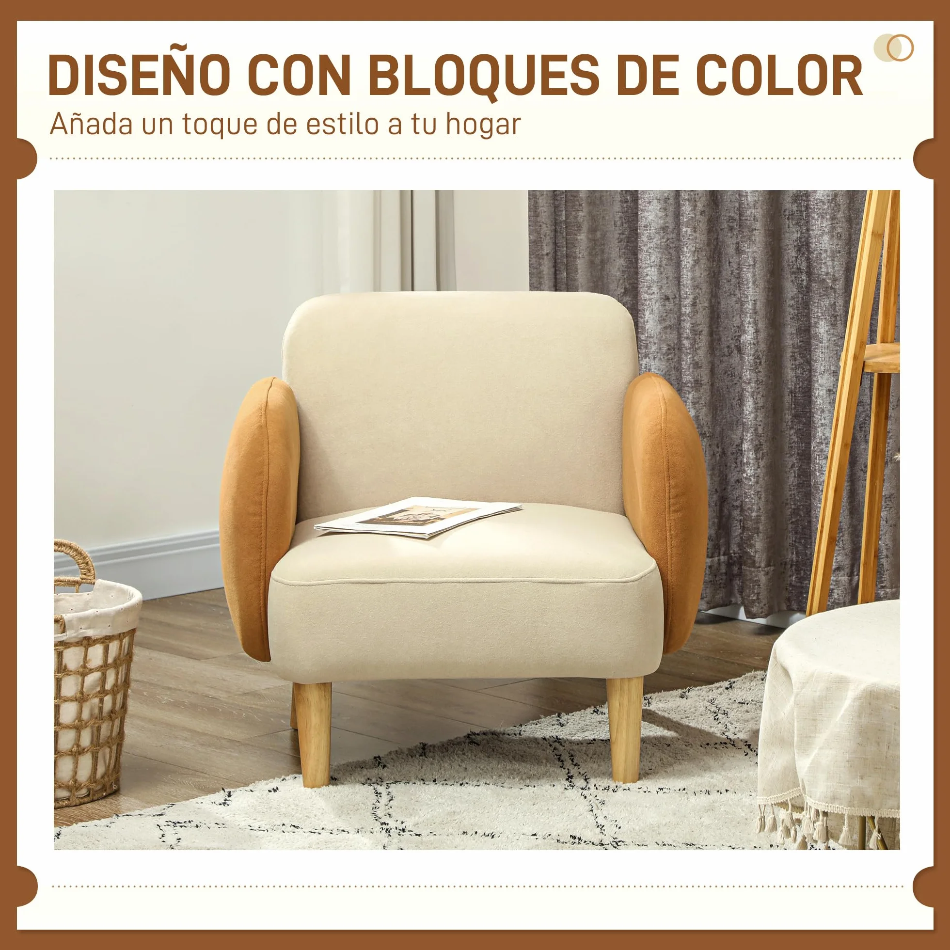 HOMCOM Sillón de Salón Nórdico Butaca para Dormitorio con Reposabrazos y Patas de Madera Sofá Individual Carga 120 kg para Oficina Sala de Estar Beige y Ocre