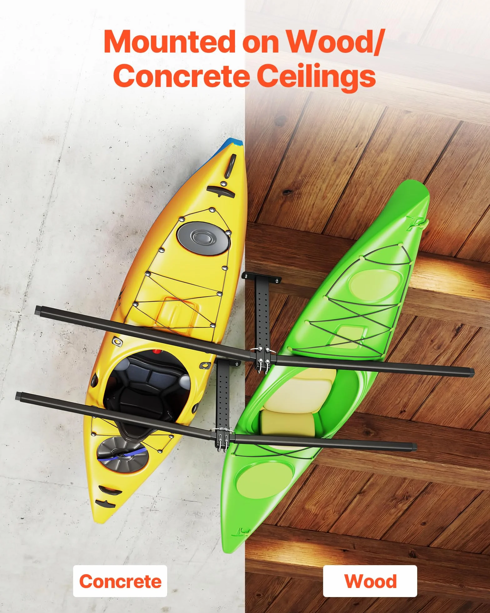 VEVOR Estante de Techo para 2 Kayaks, Capacidad 113,4 kg, Altura Ajustable, Colgador de Almacenamiento