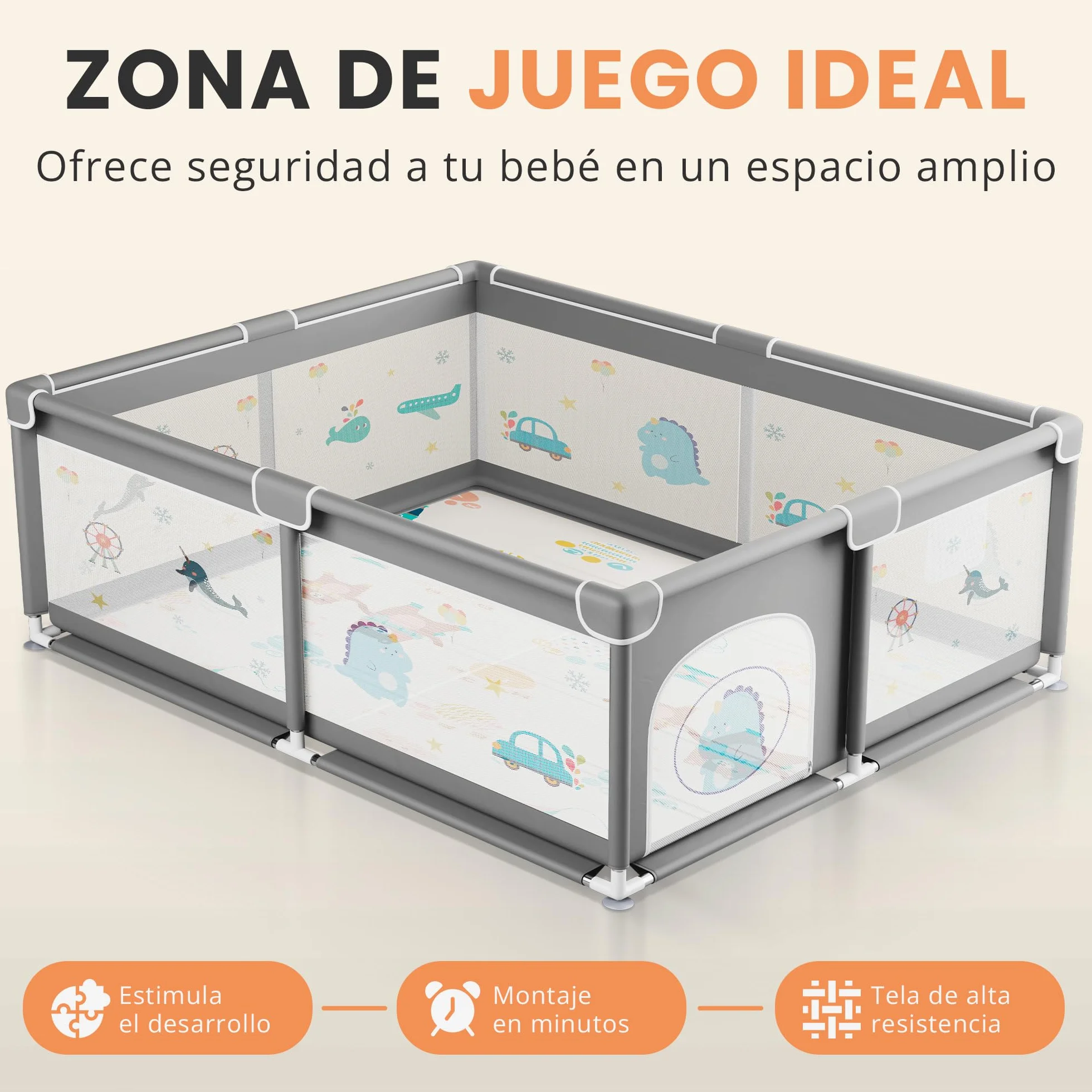 JUPPLIES Parque Infantil Bebe 150x180cm + Alfombra Bebe – Corralito Bebe con Malla Transpirable – Parque de Juegos Bebe Plegable con Puerta Lateral – Playpen Bebe - Gris