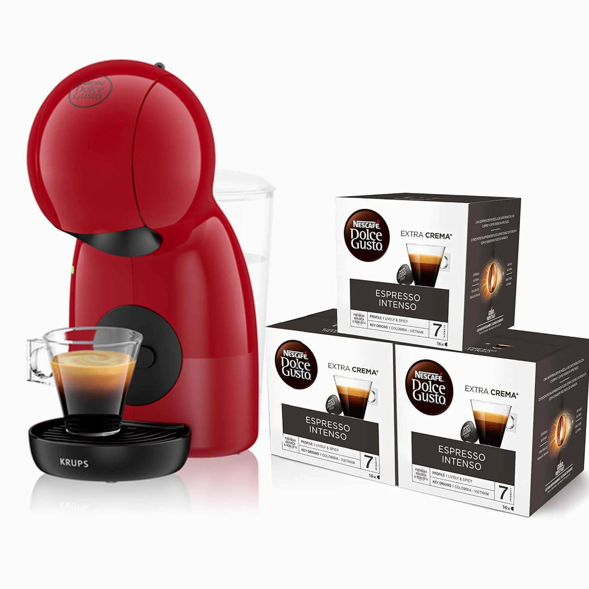 Krups Piccolo KP1A05 - Cafetera cápsulas Dolce Gusto, 15 bares y 1500 W, con depósito de 0.8 l, monodosis multibebidas frías y calientes, manual, Rojo + 3 Packs Café Intenso