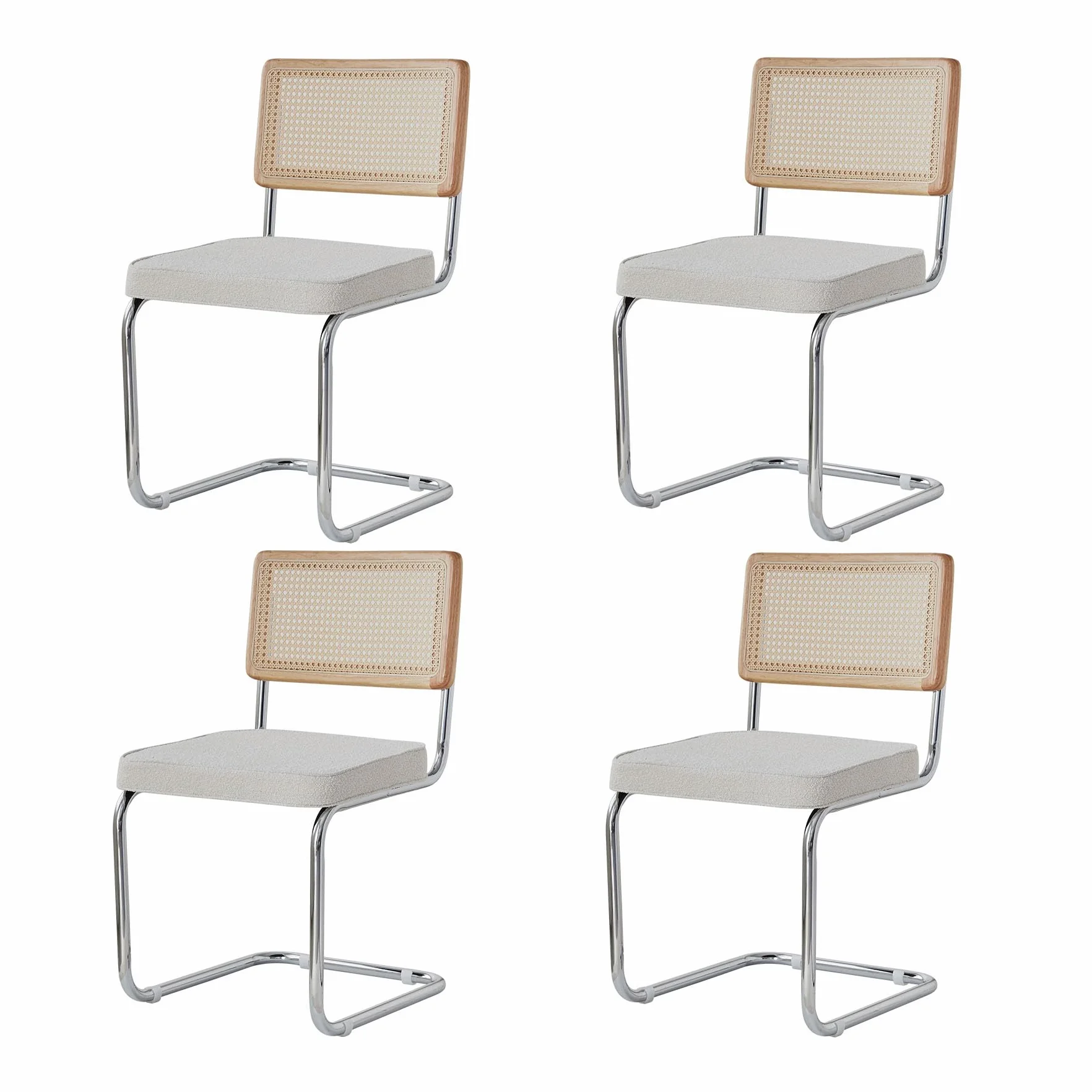 Pack 4 Sillas de Comedor Estilo Nórdico Silla Escandinava; Sillas de Cocina Modernas con Respaldo de Madera Maciza de Ratán y Asiento Tapizado (Blanco Polar)