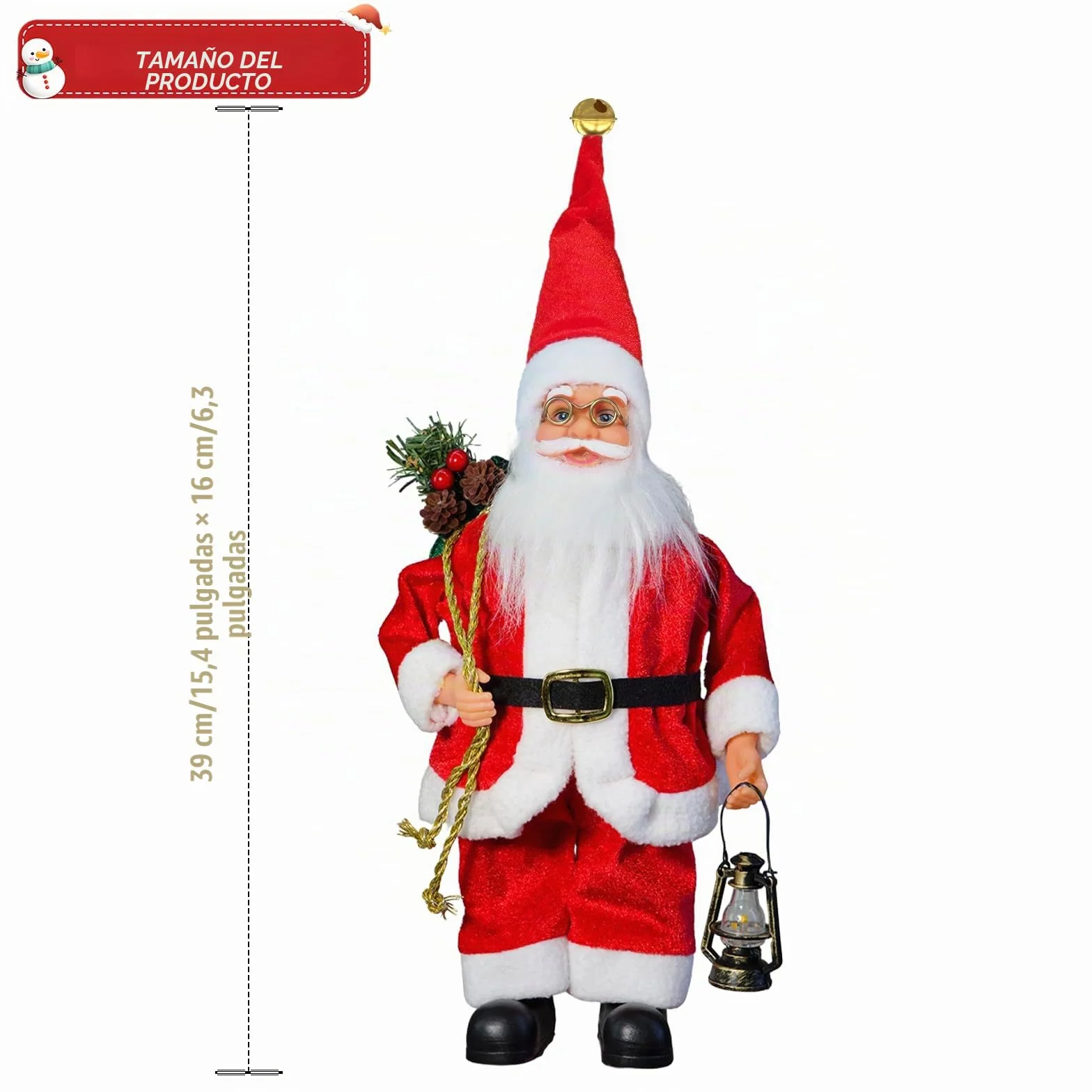Figura de Papá Noel de pie de 39 cm Tradicional Rojo decoración de Navidad Ornamento muñeca Figura de Santa Claus Larga Barba con Bolsa de Rega para Ventana Mesa Chimenea Regalo de Decoración