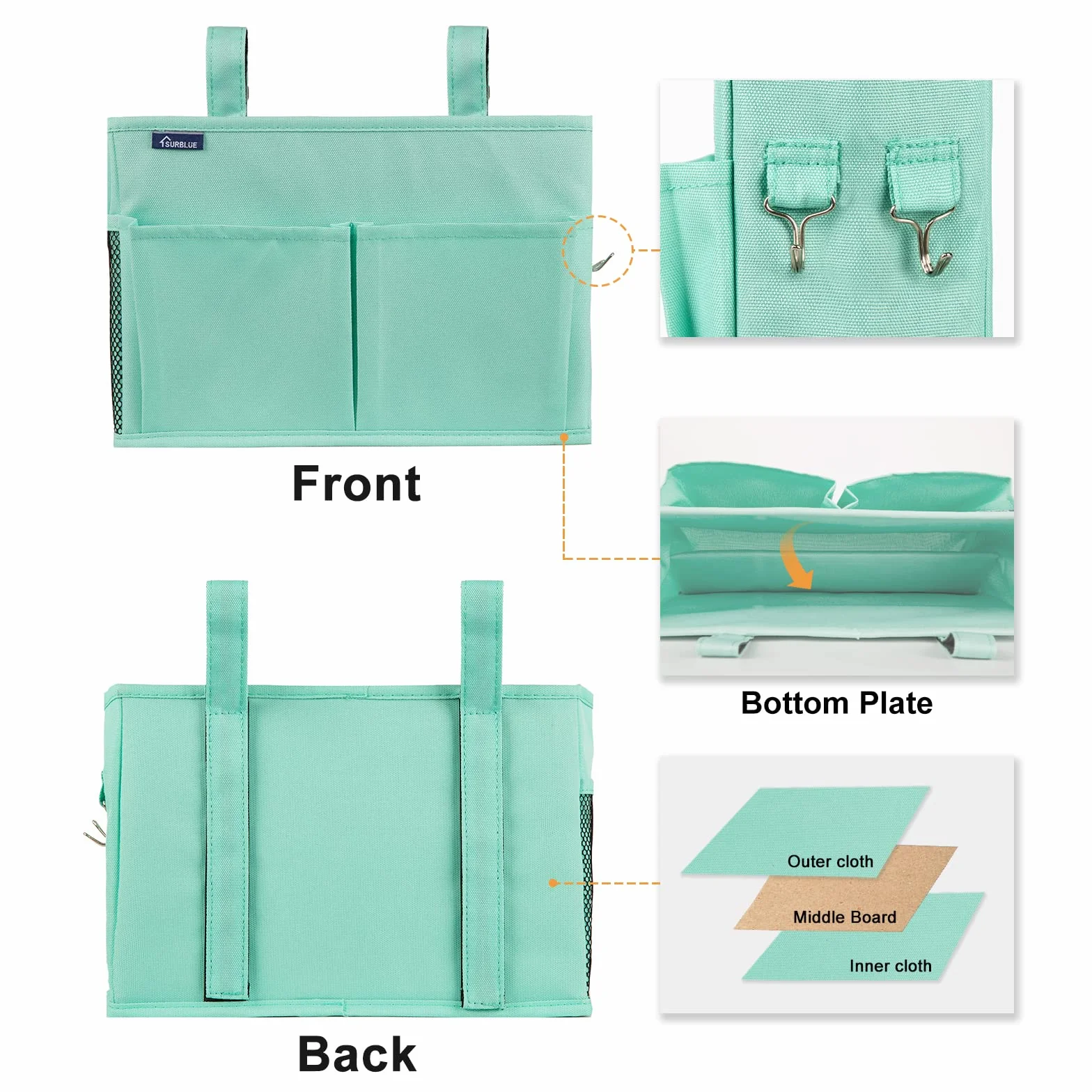 Surblue Bedside Caddy Colgante Bolsa de Almacenamiento 4 bolsillos 2 ganchos Verde