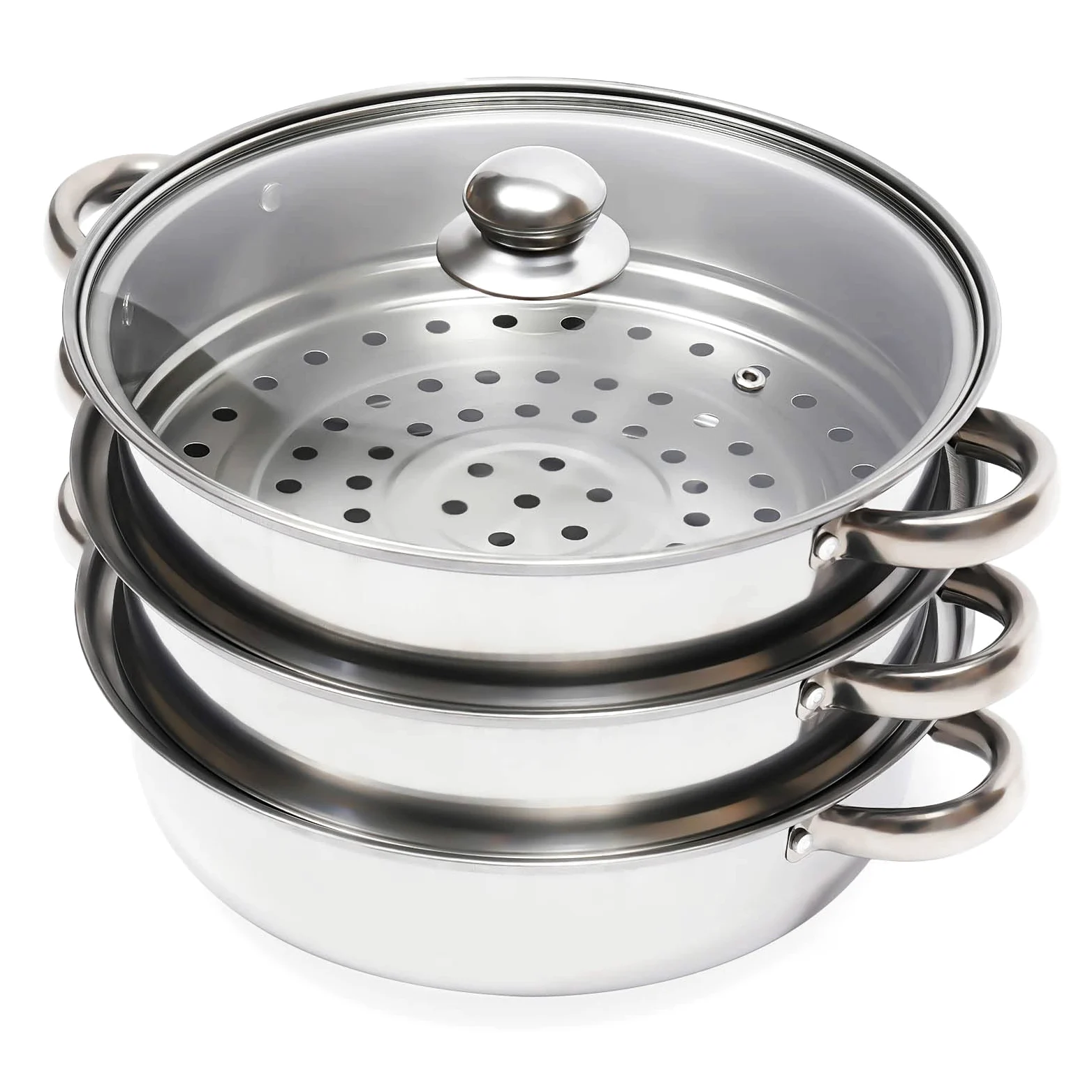 Vaporera de 3 Niveles de Acero Inoxidable, Diámetro de 28cm, Plata